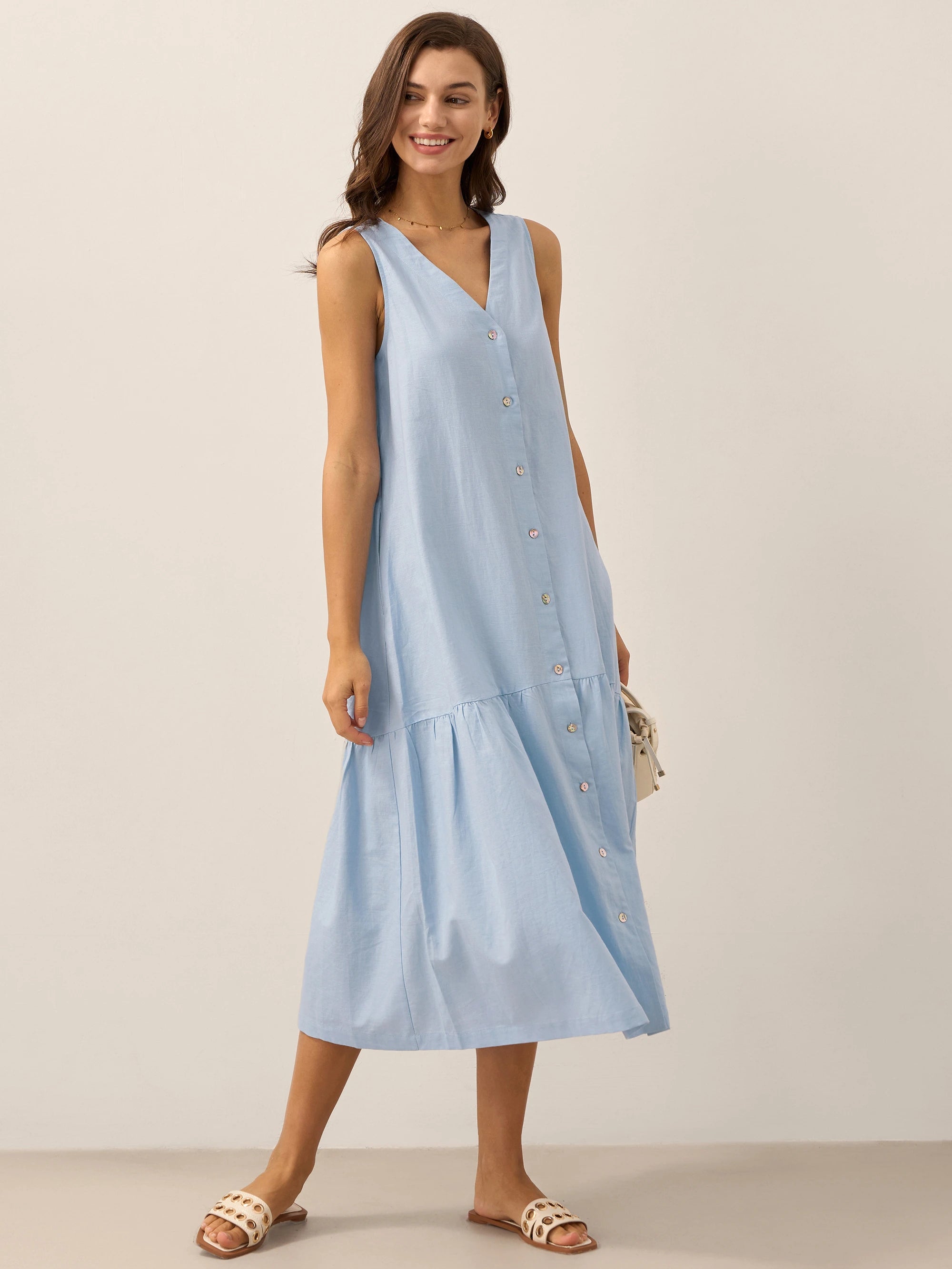 Linen Vacation Sleeveless V-Neck Mid-Length Dress CELINE