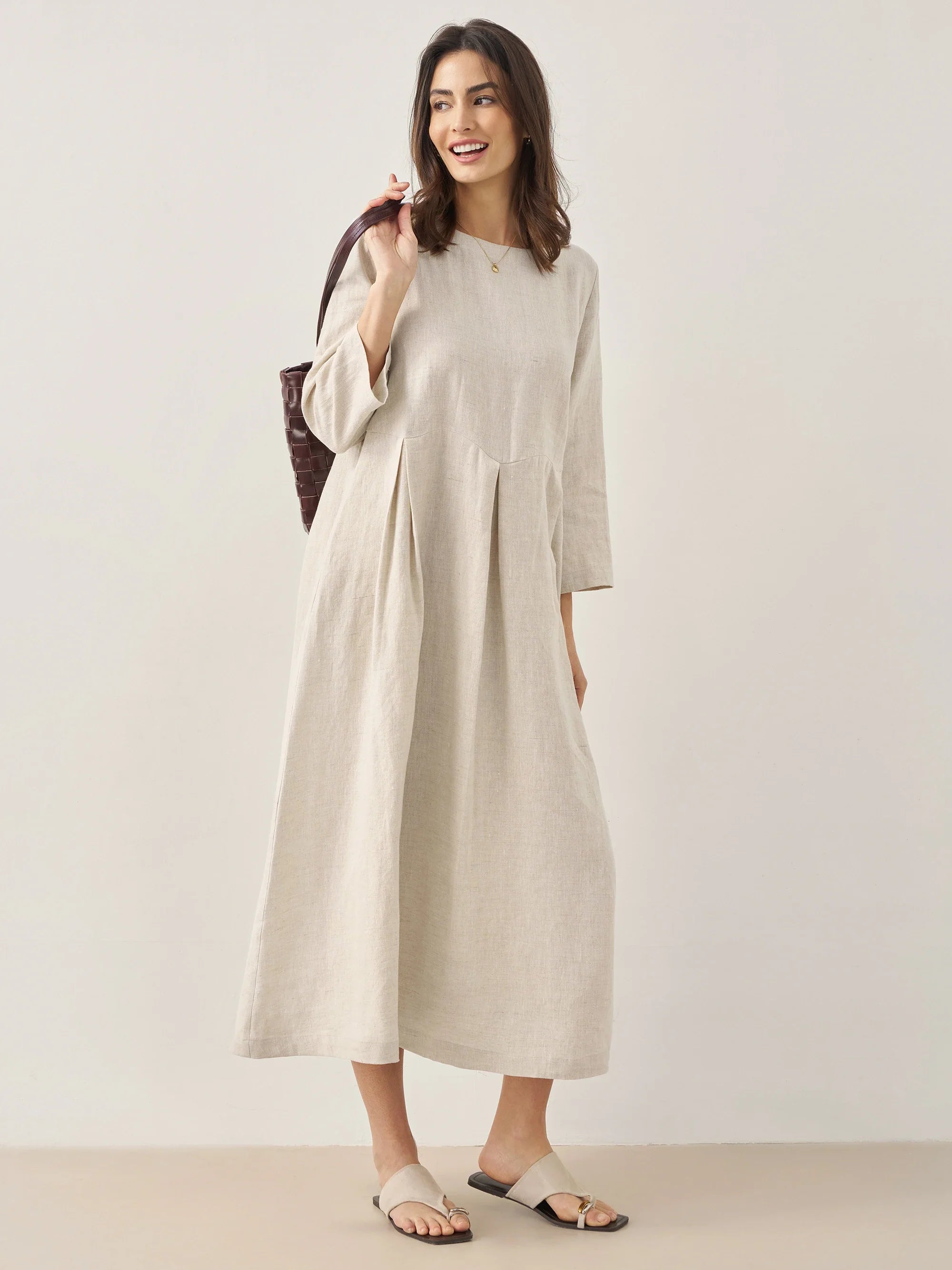 100% Linen Bateau Neck Pleated Maxi Dress ABIGAIL