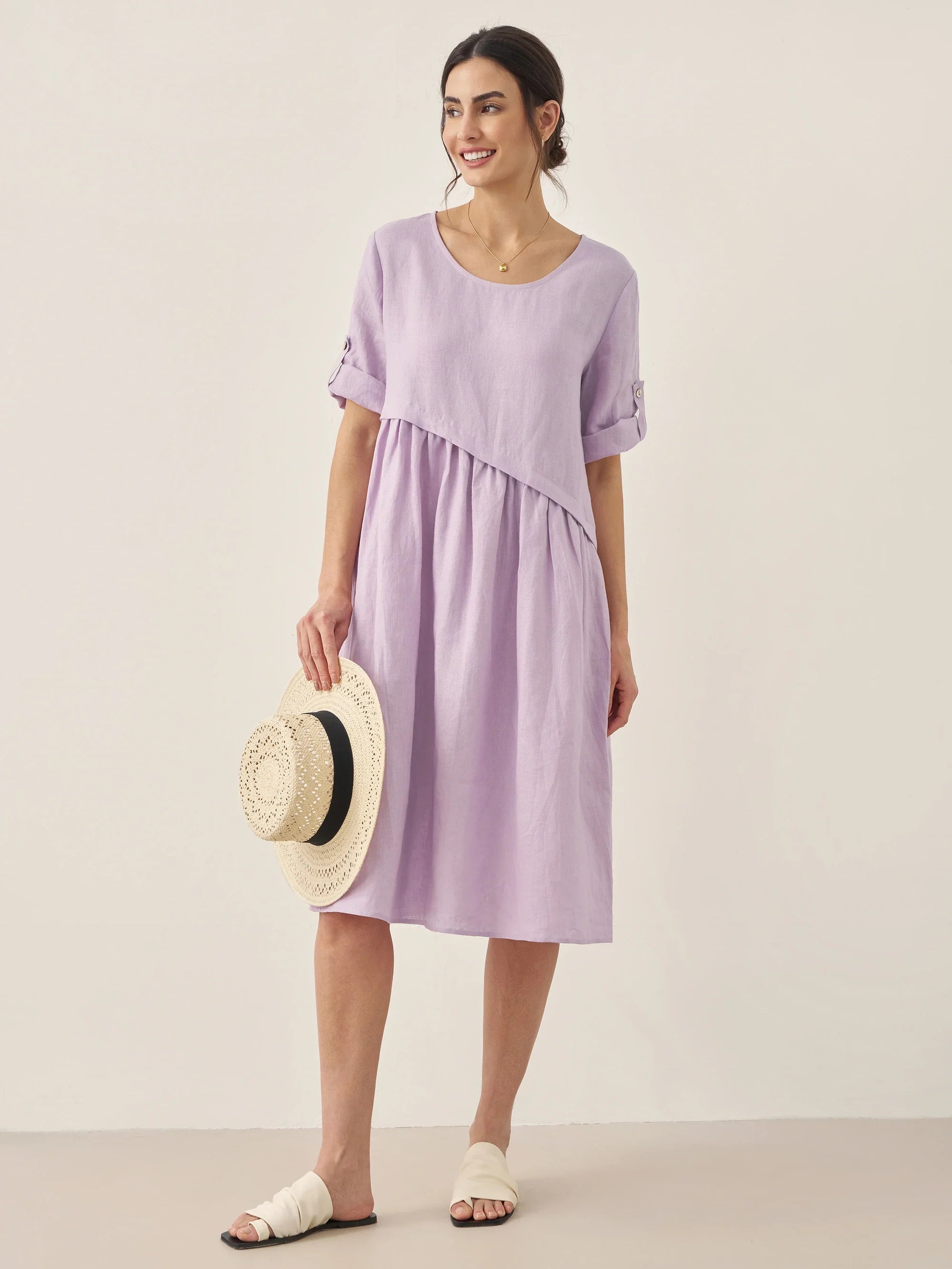 100% Linen Asymmetrical Pleated Round Neck Midi Dress YOLANDA