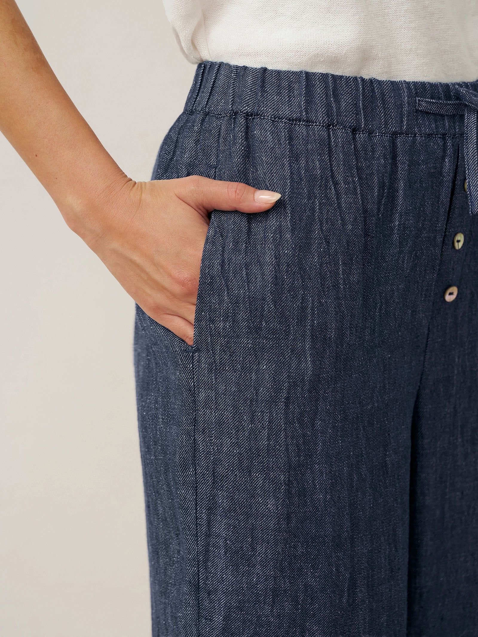 100% Linen Denim Texture Elastic Waist Straight Leg Pants HAZEL