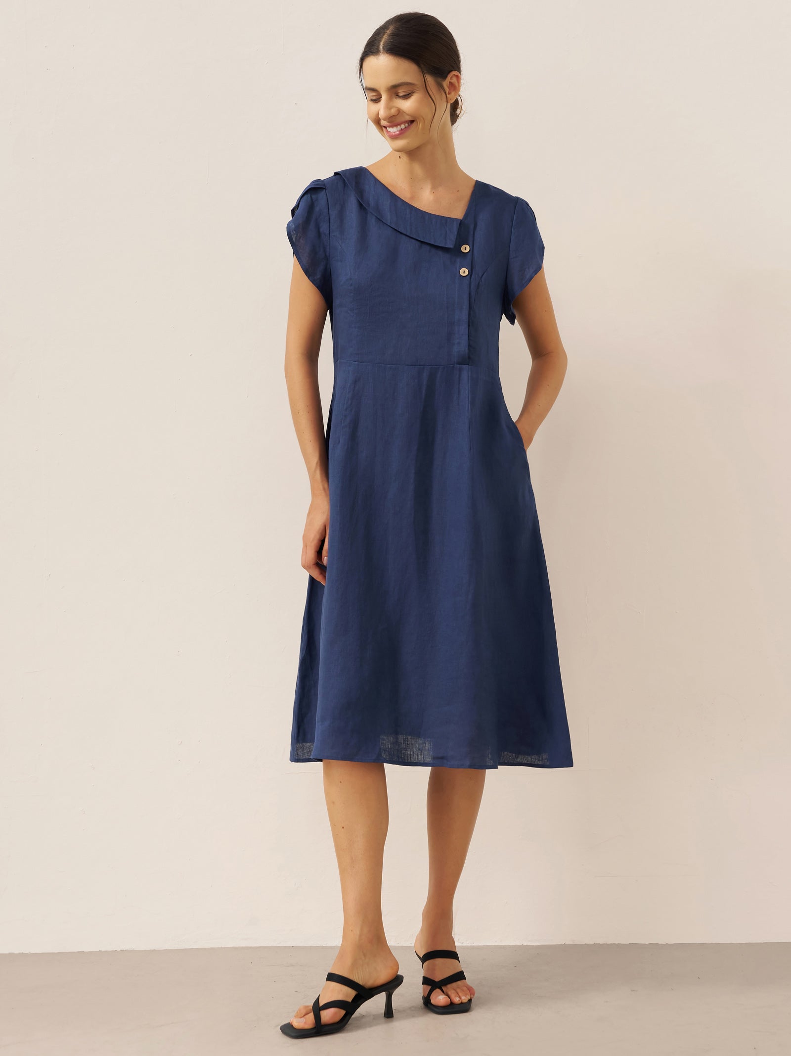 100% Linen Crescent Collar Flutter Sleeve Midi Dress FIONA
