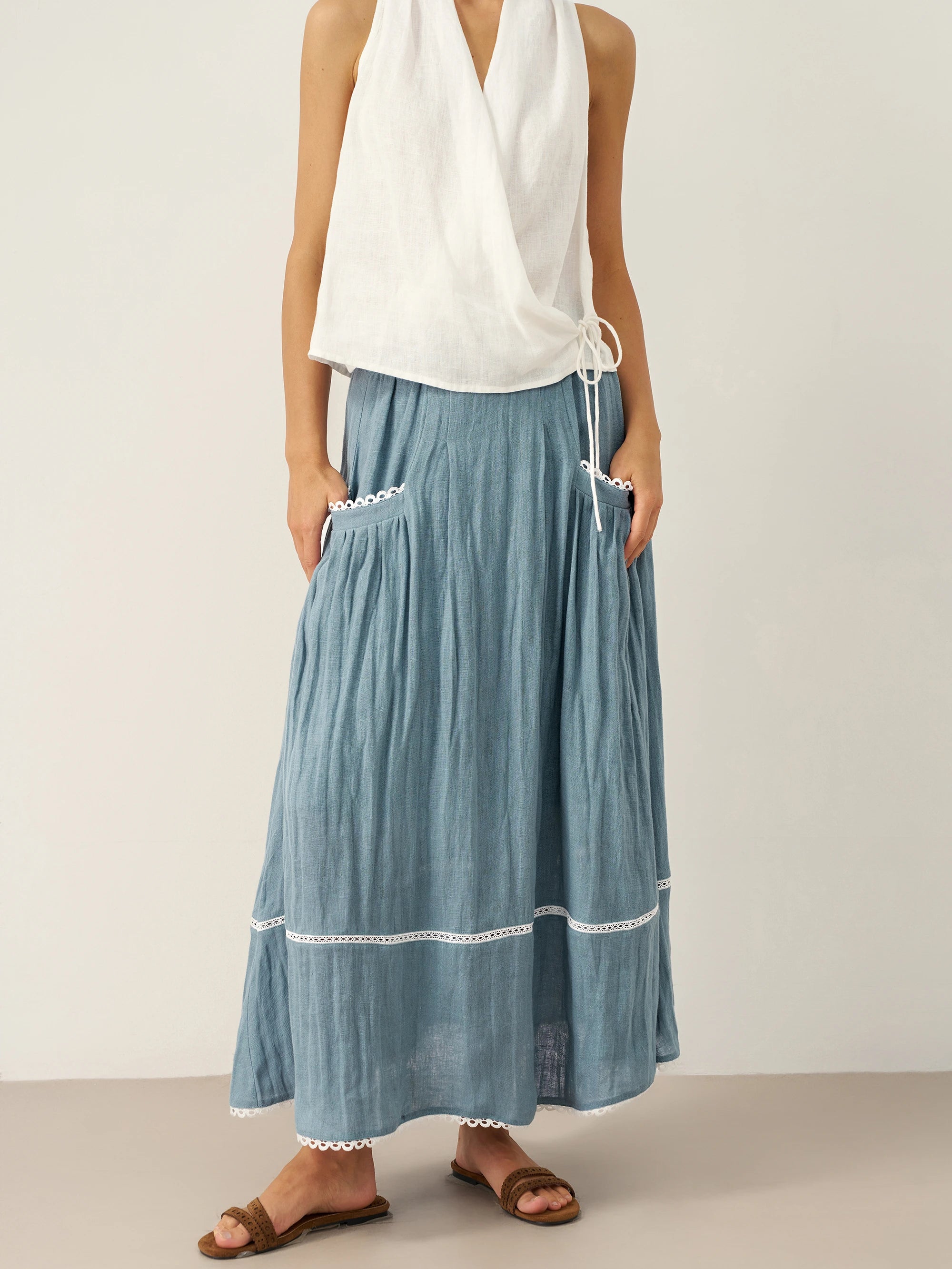 100% Linen Lace-Up Pocket Skirt FENLA