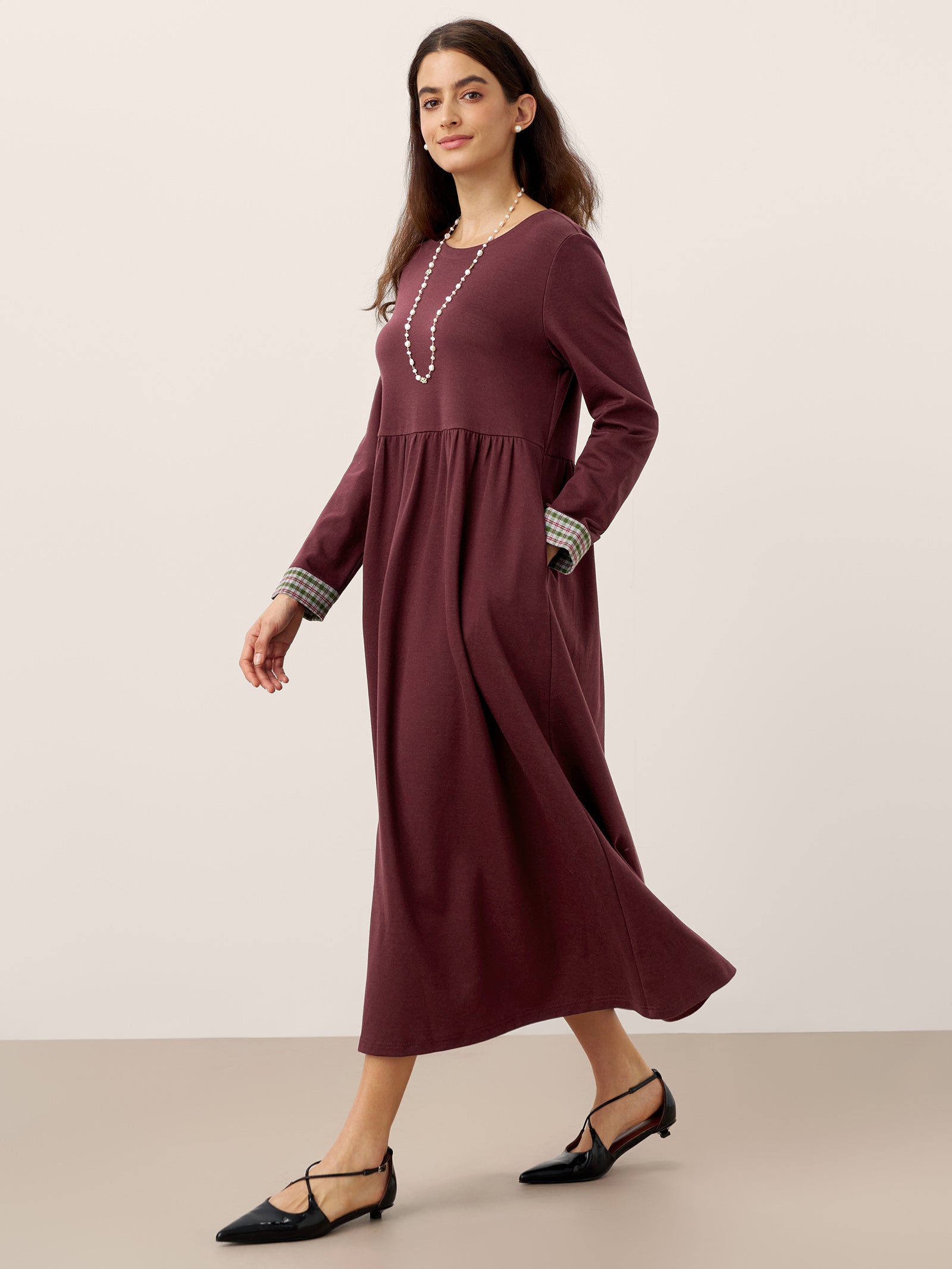Cotton Patchwork Cuff Crew Neck Casual Maxi Dress SCARLETT