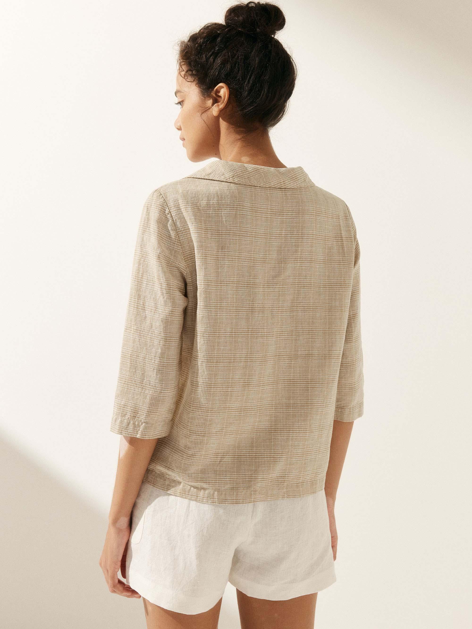 Linen Gingham Checked Round Soft-Fold Collar Top LAURA