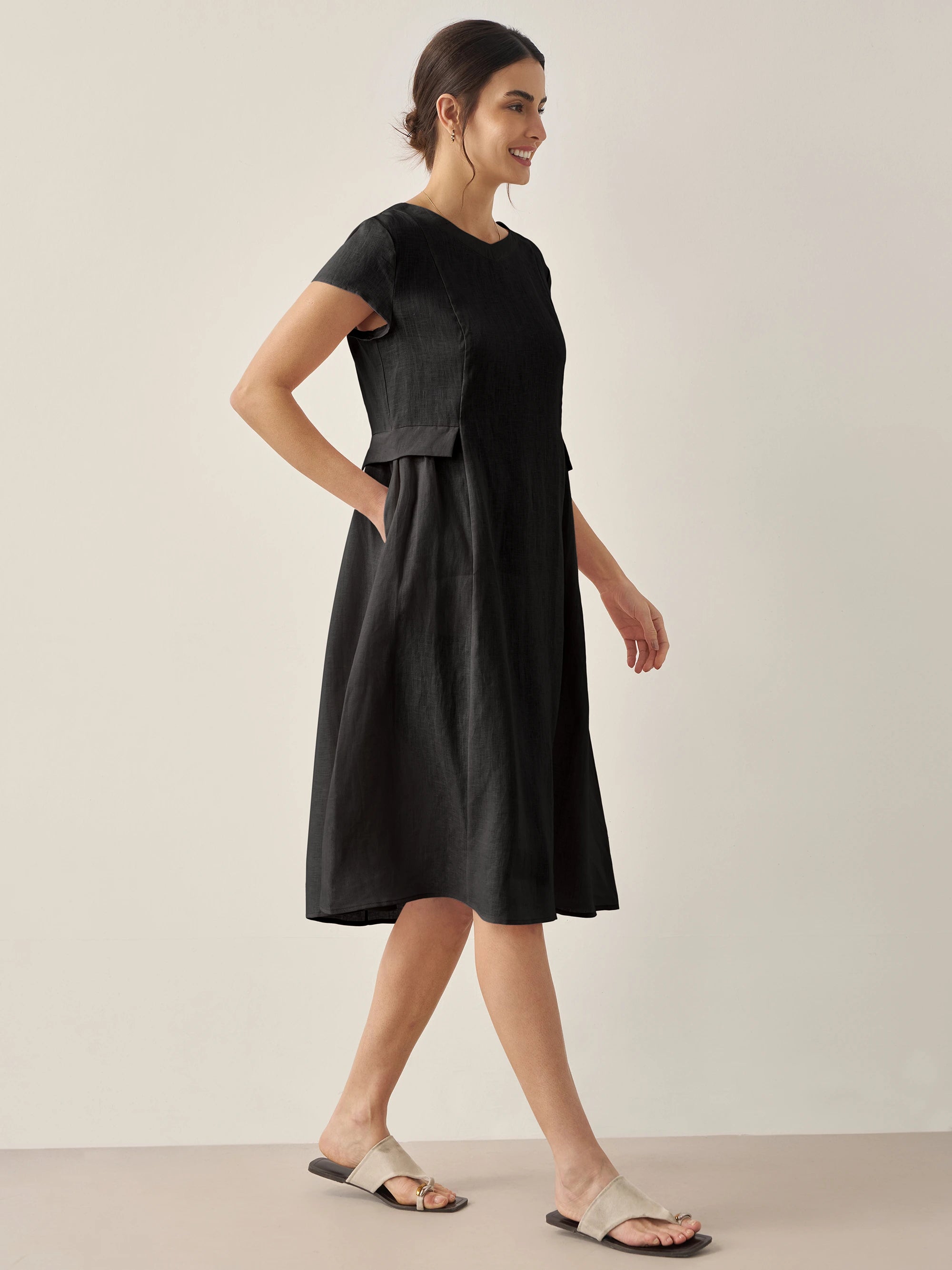 100% Linen Natural Summer V-Neck Dress ALEXA