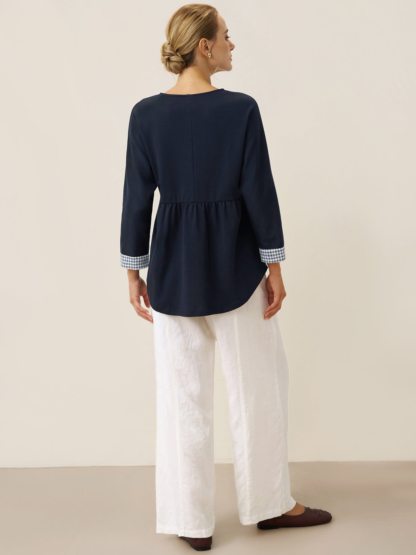 Cotton Patchwork Cuff Button Decor Top AUDREY