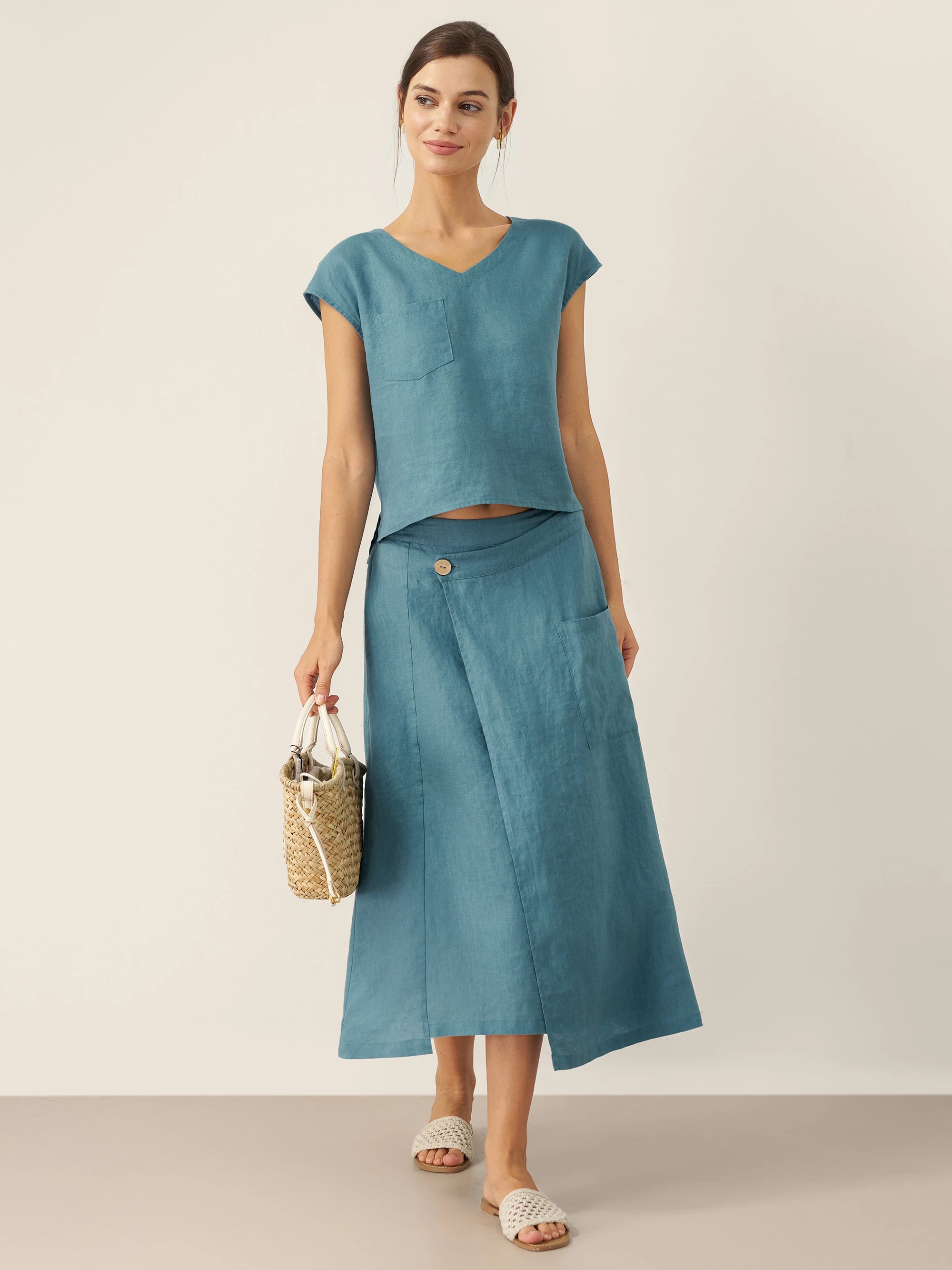 100% Linen Angled Closure Wrap Skirt FRESSA