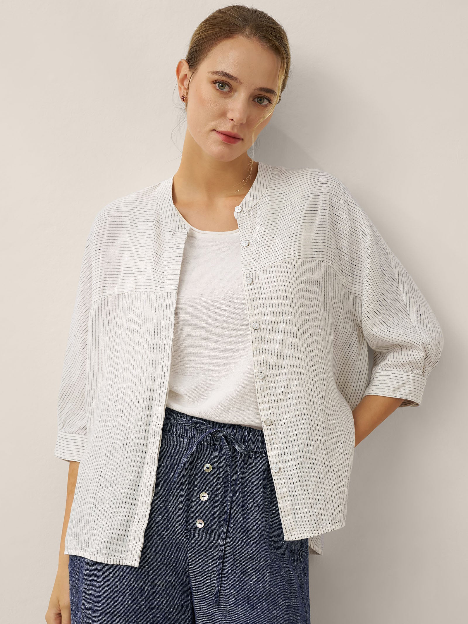 100% Linen Striped Three-Quarter Sleeve Shirt SKYLAR
