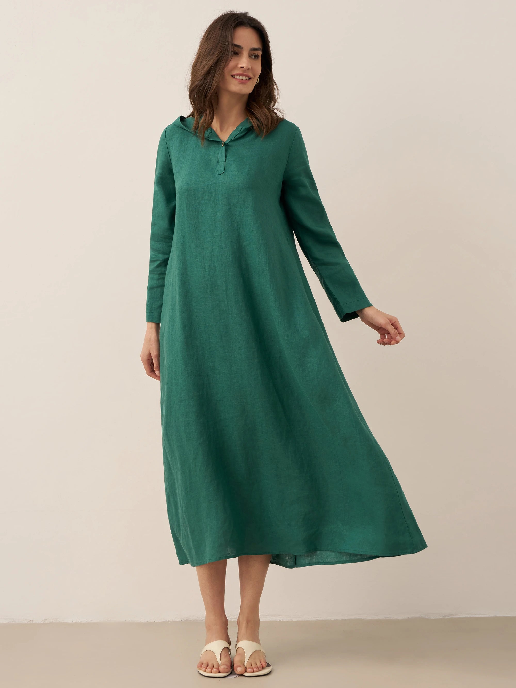 100% Linen Hooded Pullover Maxi Dress REBECCA