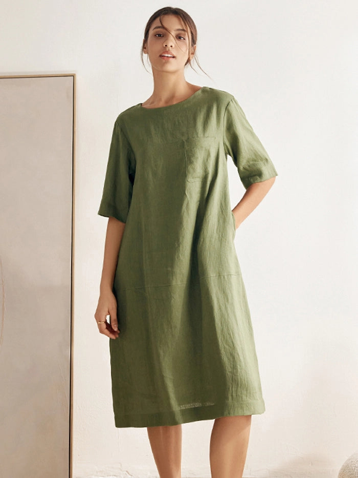 100% Linen Mid-Sleeve Maxi Dress