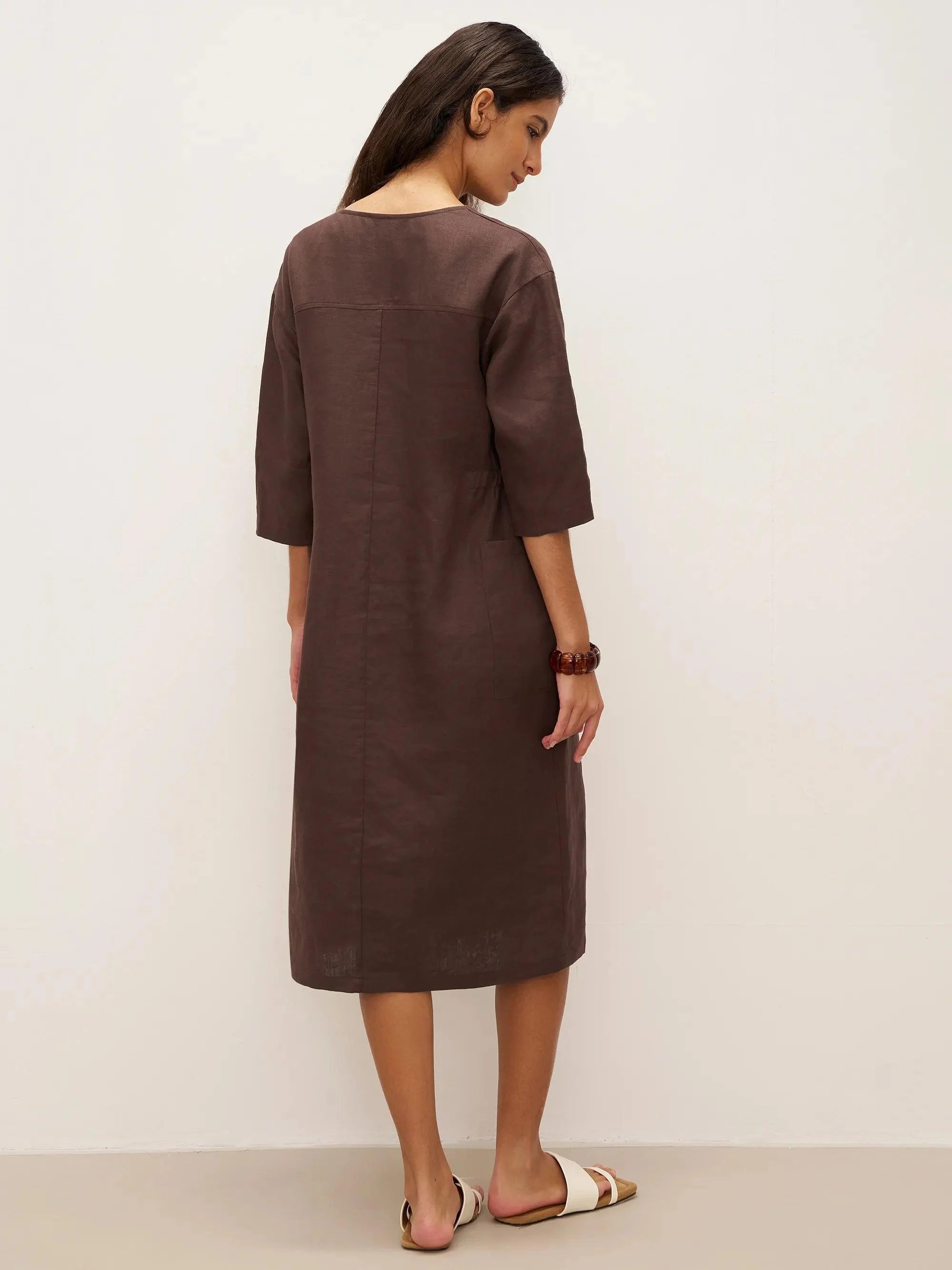 100% Linen V-neck Bell Pocket Midi Dress EVELINA