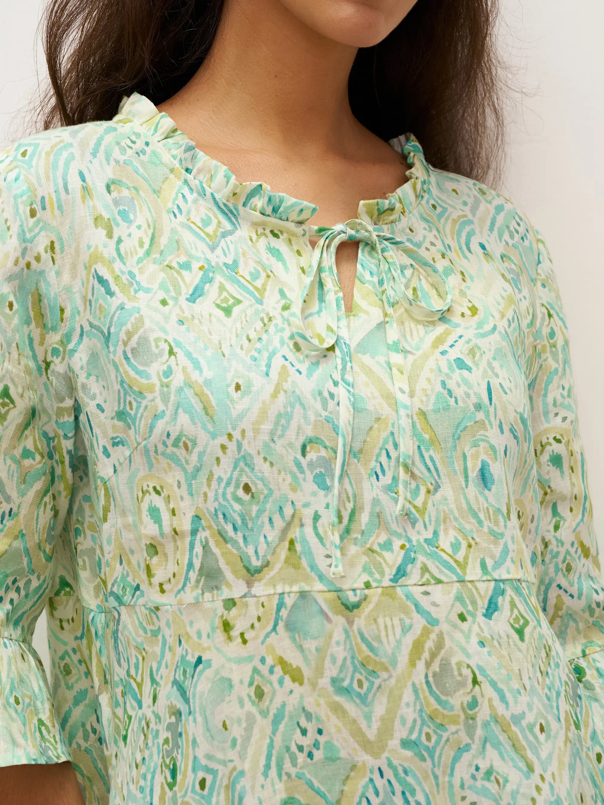 100% Linen A-Line Ruffled Collar Tie-Neck Midi Dress LIVIA