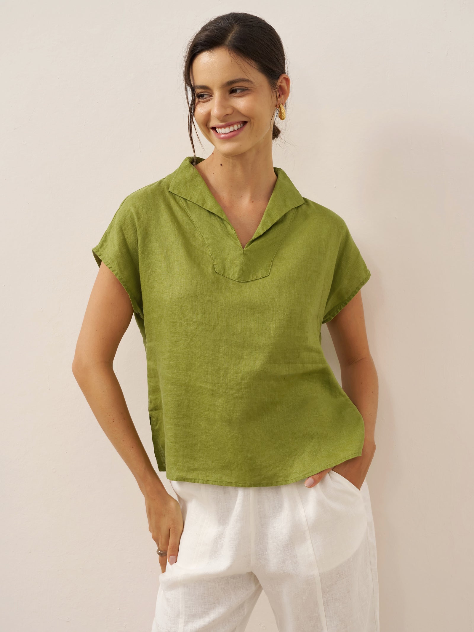 100% Linen Collared Cap Sleeve Top IVY