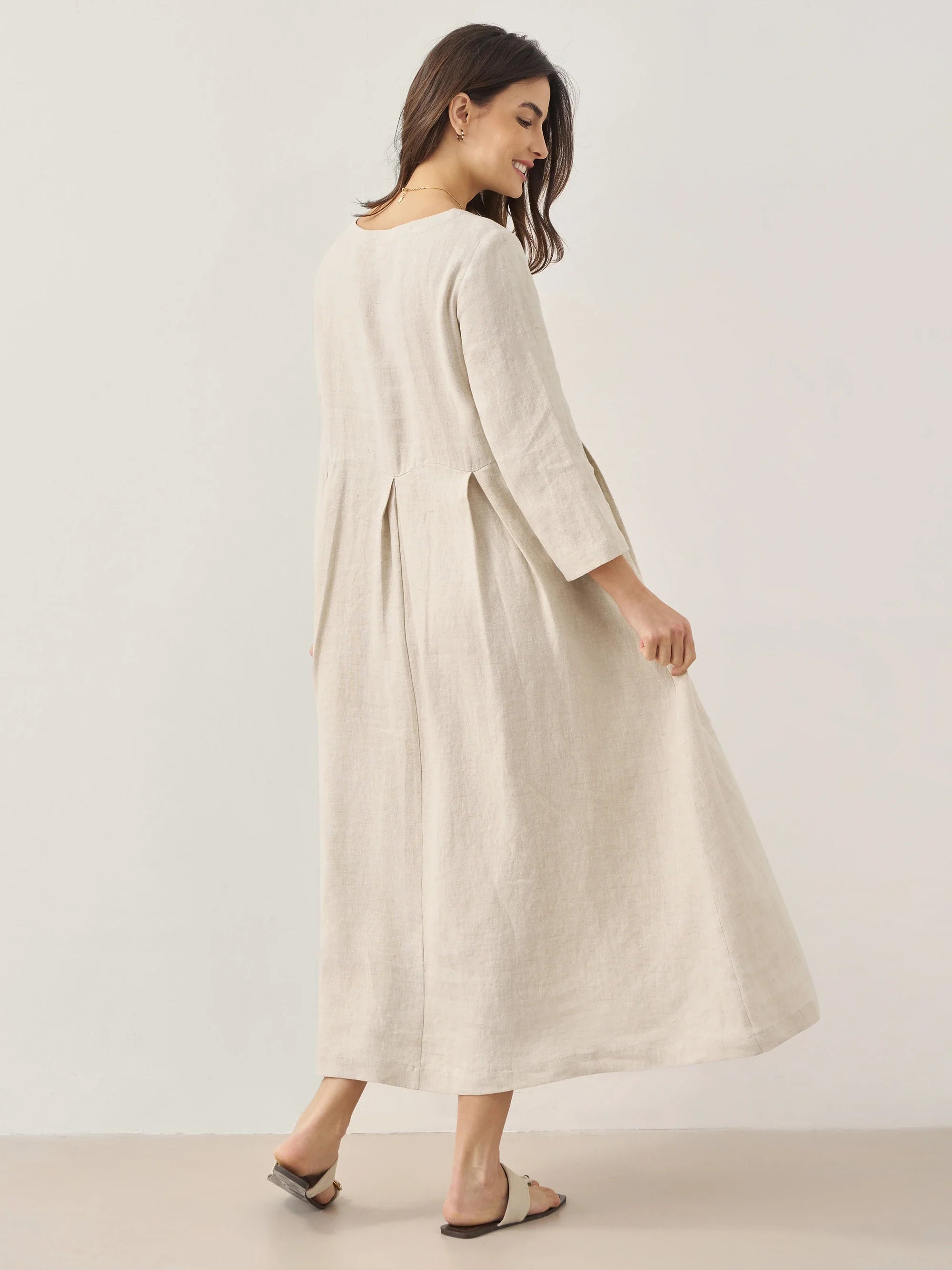 100% Linen Bateau Neck Pleated Maxi Dress ABIGAIL