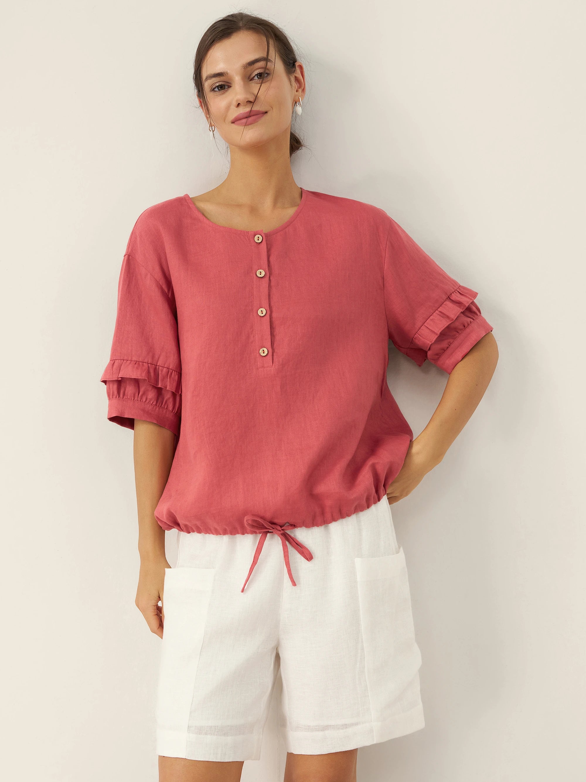 100% Linen Flutter Sleeve Drawstring Top ZOEY