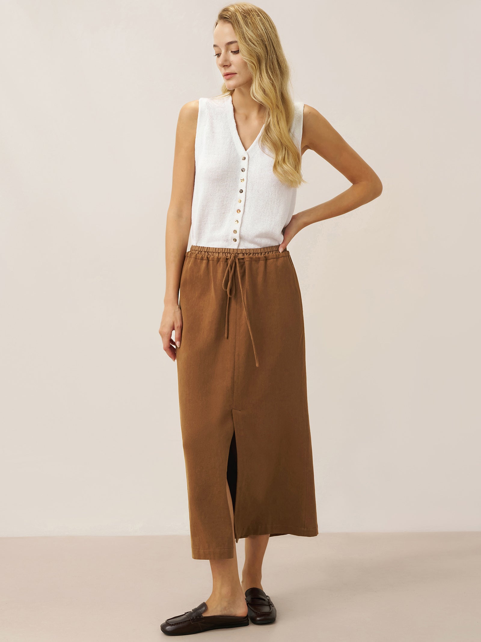 Tencel Linen Drawstring Split Maxi Skirt SAMANTHA