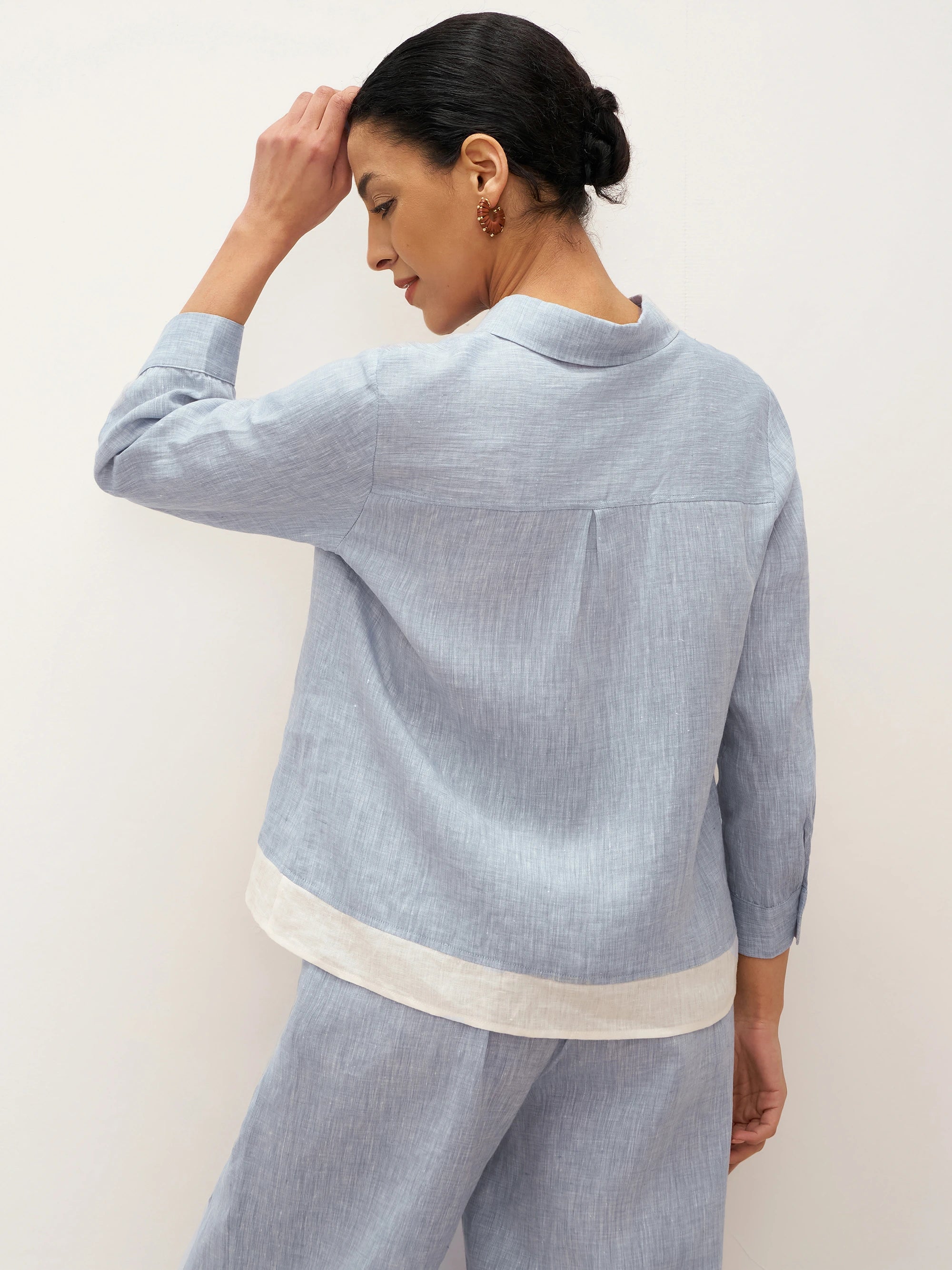 100% Linen Buttoned Closure Color-Blocked Shirt JANICE