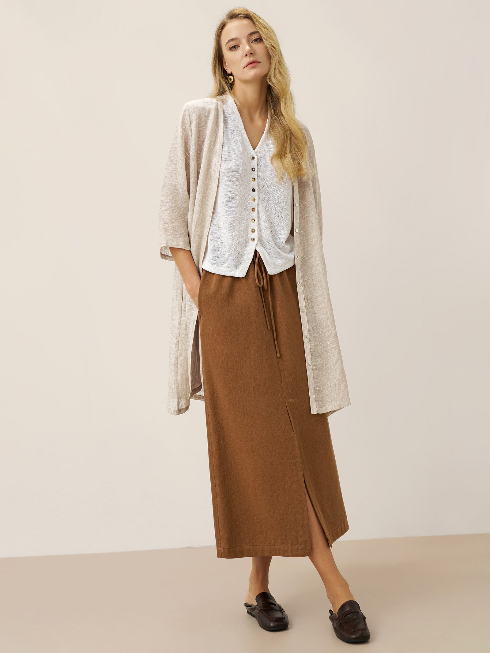 100% Linen Button Front Three-Quarter Sleeve Top PEYTON