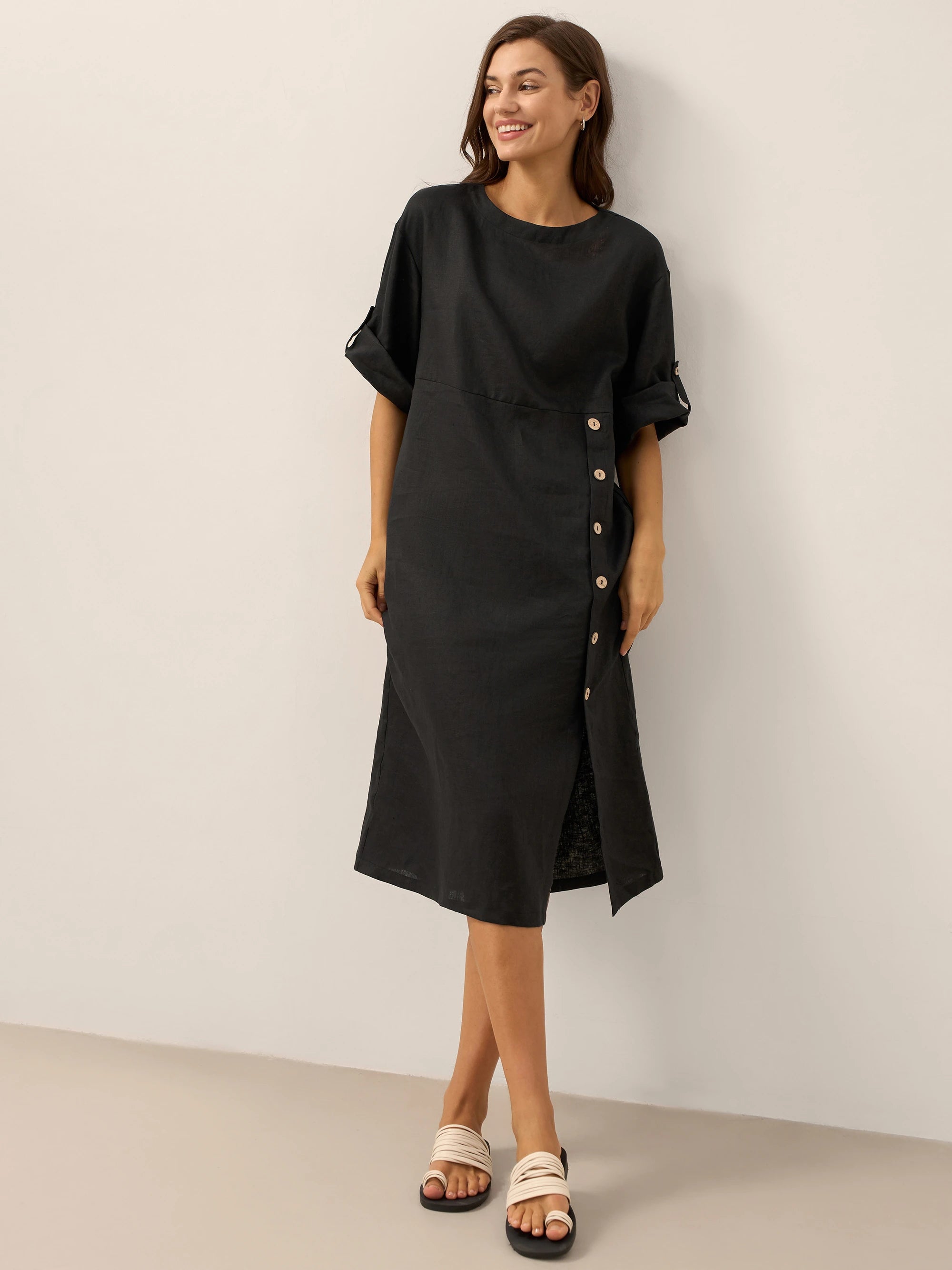 100% Linen Round Neck Button Detail Midi Dress JELENA