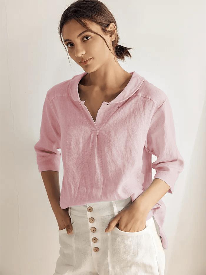 100% Linen Shawl V-Neck Half Sleeve Top JADE