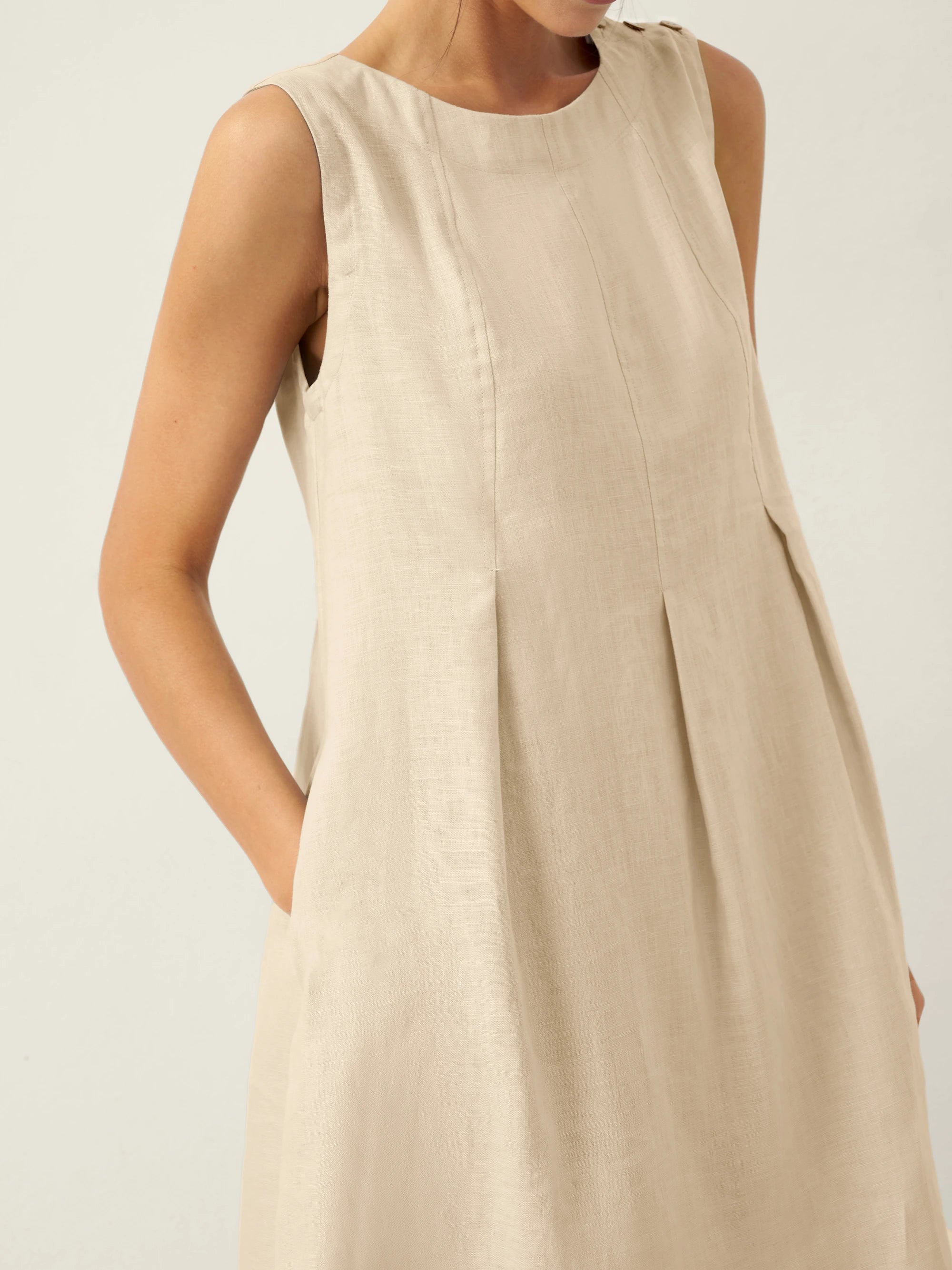 100% Linen Sleeveless Shoulder Button Midi Dress FREYA