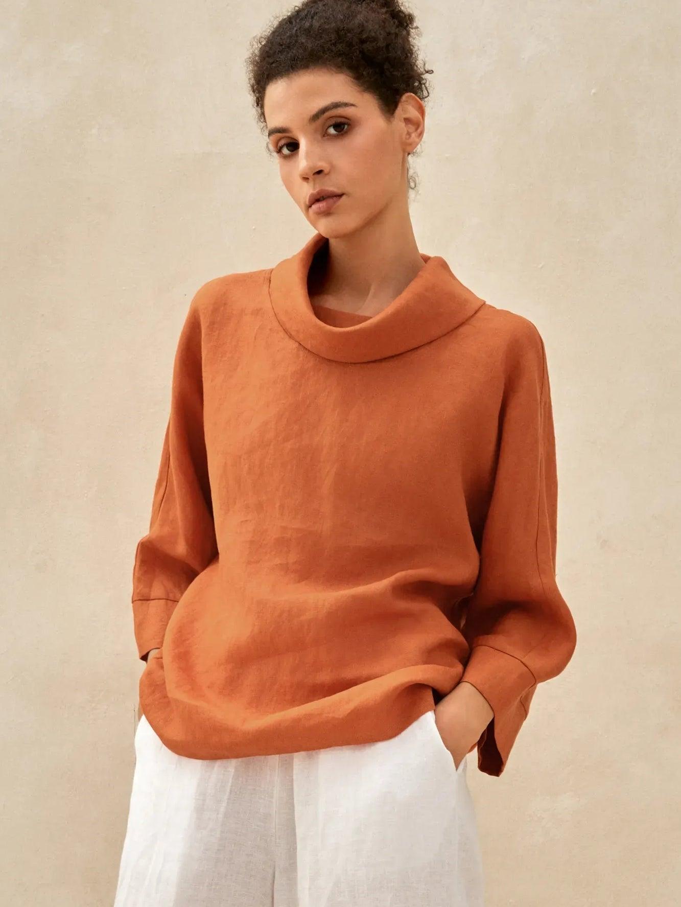 100% Linen Dropped Collar Long-Sleeve Top TRISTAN