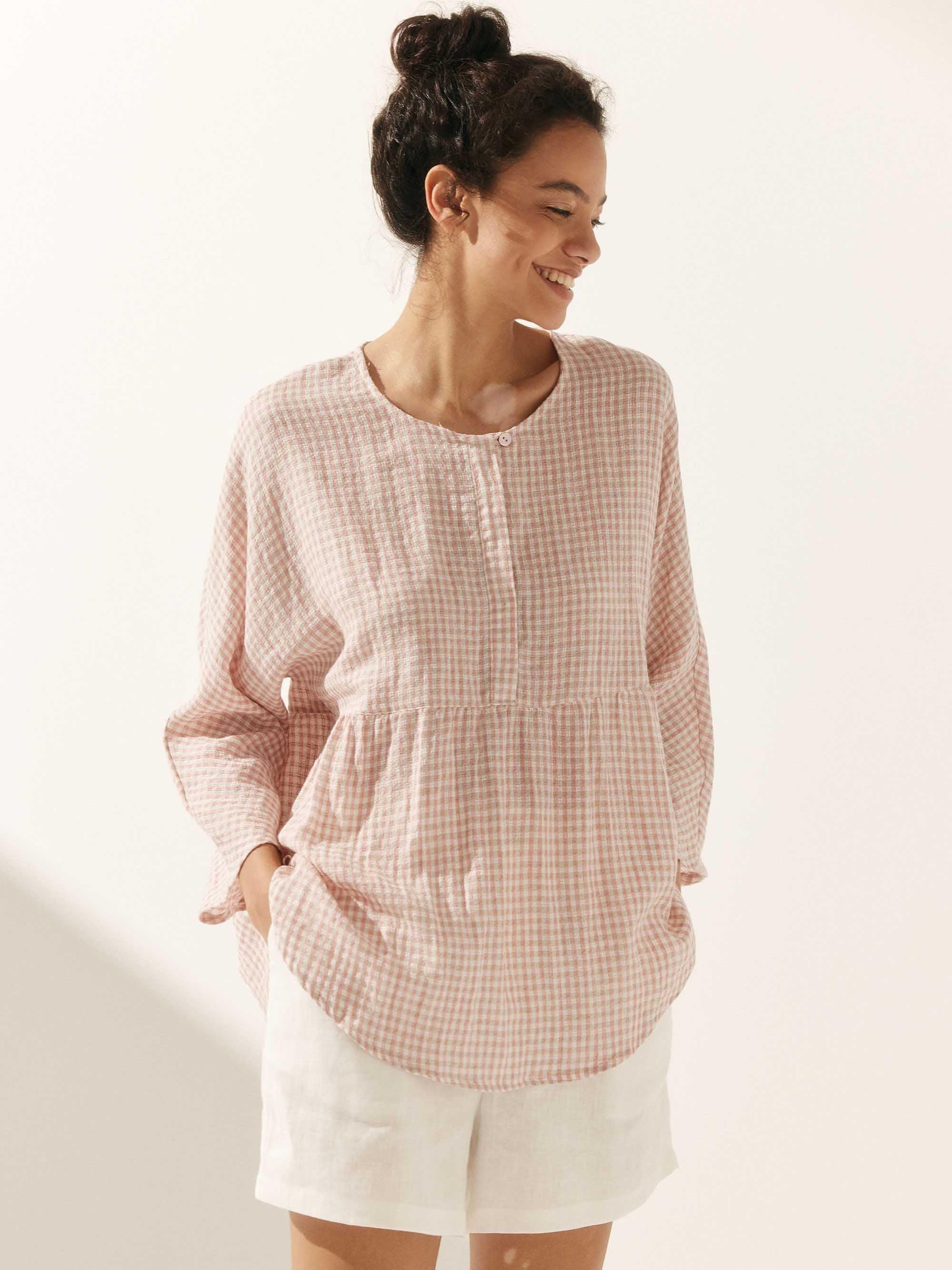Linen Checked Long-Sleeved Top CAROLINE