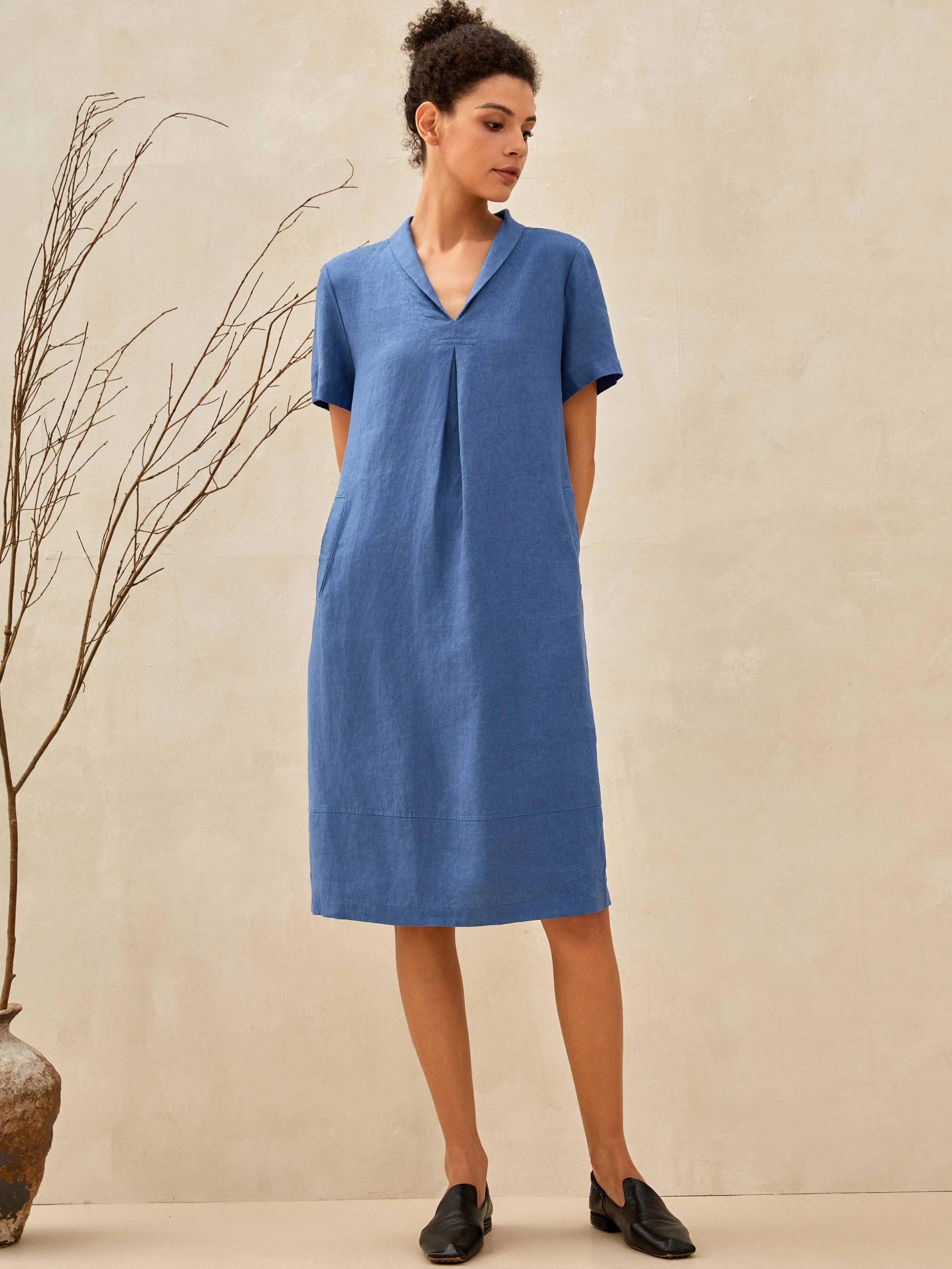 100% Linen Shawl V-Neck Midi Dress CLEO