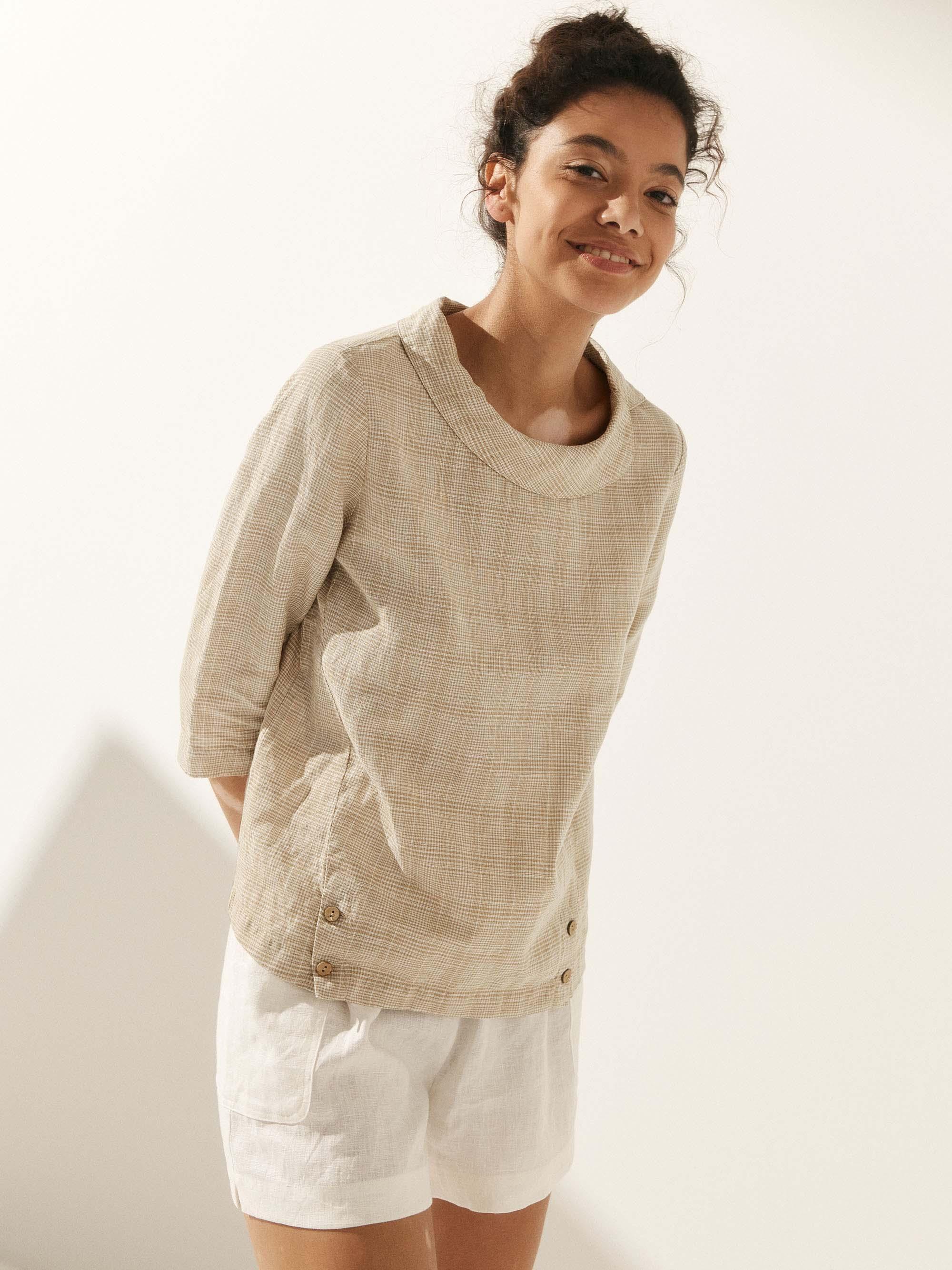 Linen Gingham Checked Round Soft-Fold Collar Top LAURA