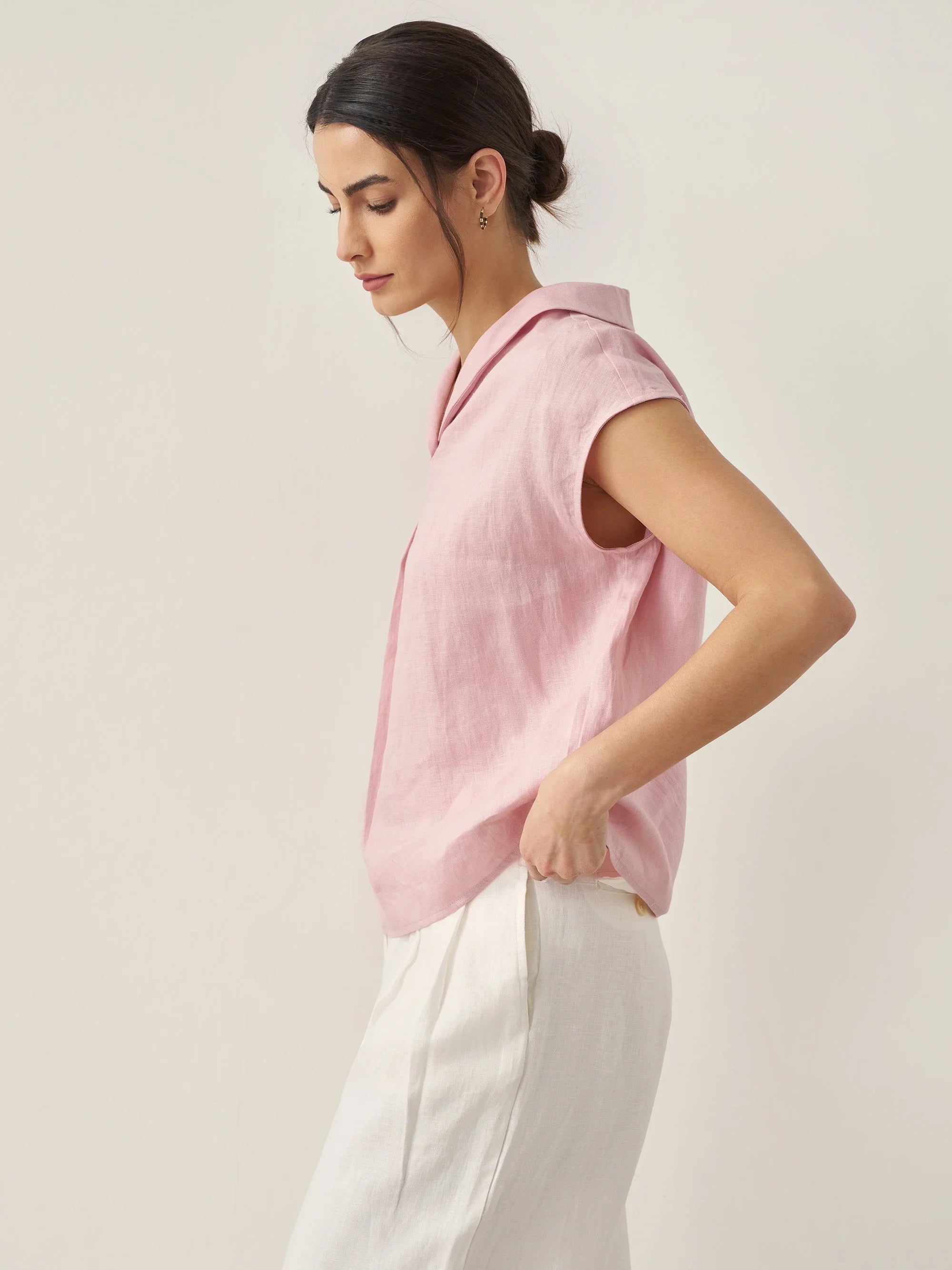 100% Linen Shawl V-Neck Cap Sleeves Top ELARA
