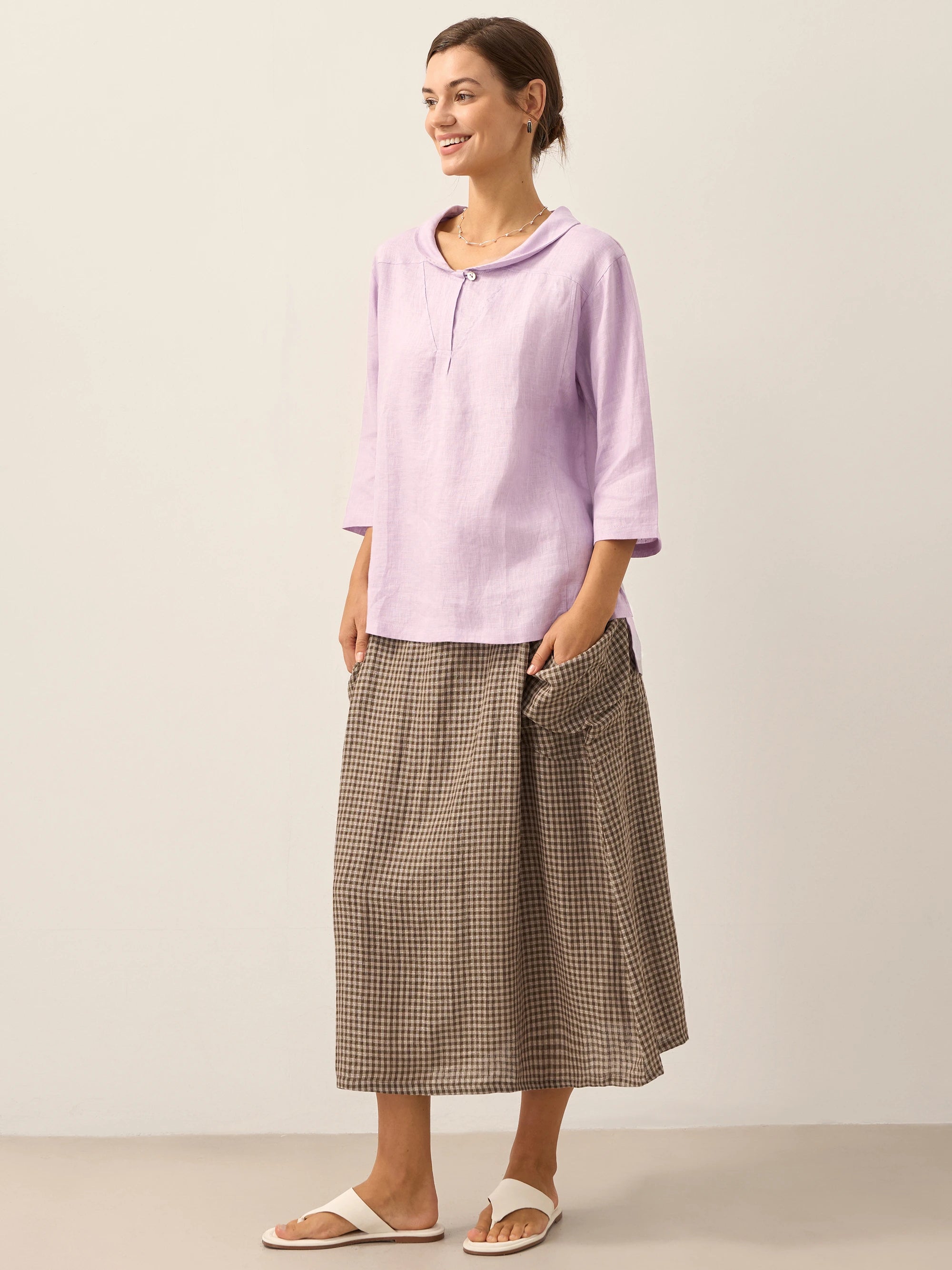 100% Linen Shawl V-Neck Half Sleeve Top JADE