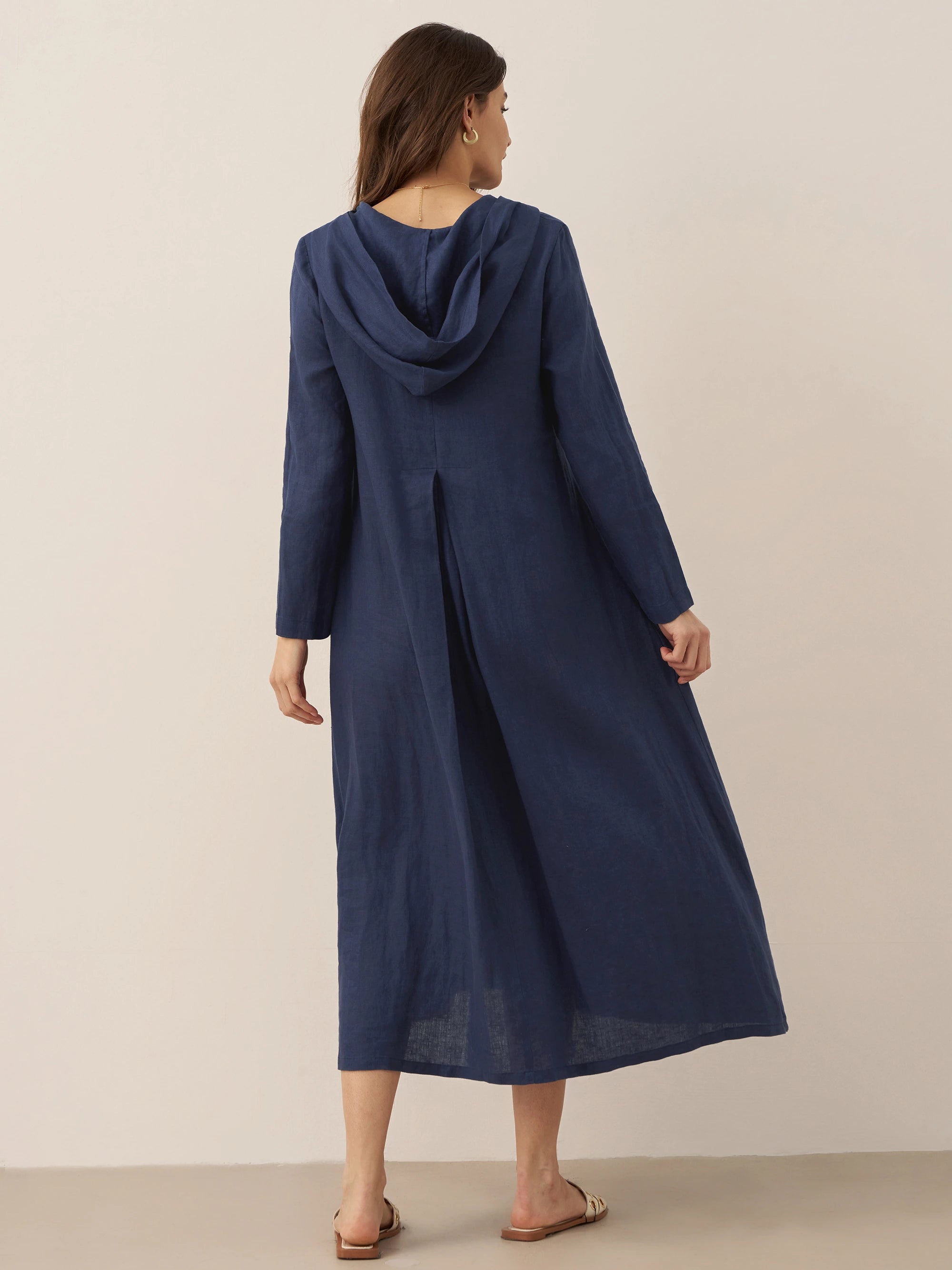 100% Linen Hooded Pullover Maxi Dress REBECCA