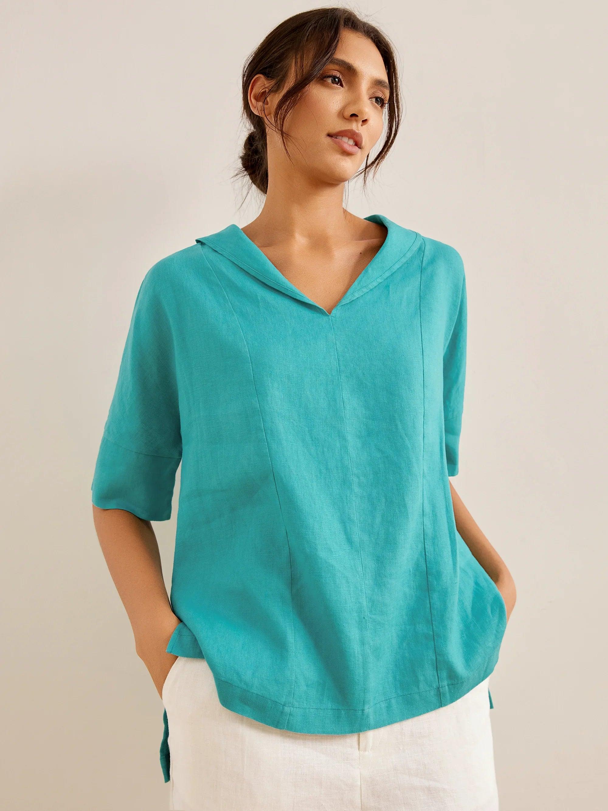 100% Linen V-Neck Short Sleeve Shirt