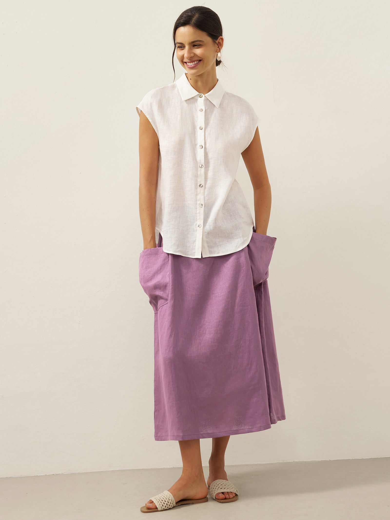 Linen Checked Elastic Waist Skirt ONYX