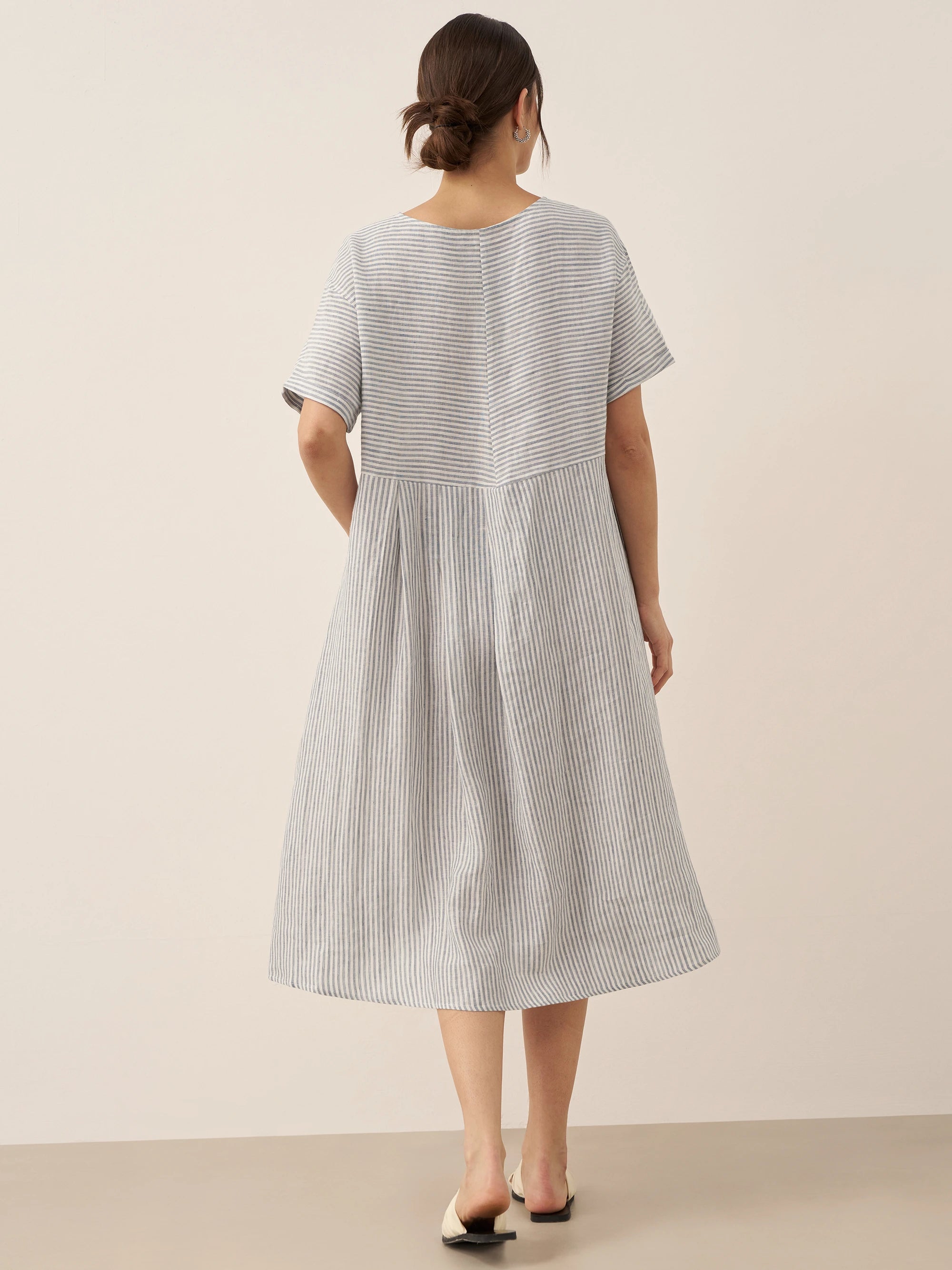 100% Linen Pinstripe Paneled Short-Sleeved Dress MORGAN