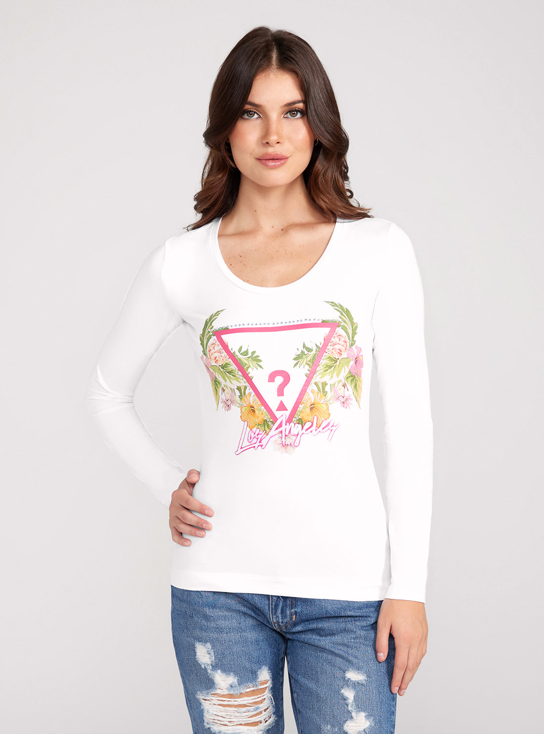 White Long Sleeve Triangle Flower T-Shirt