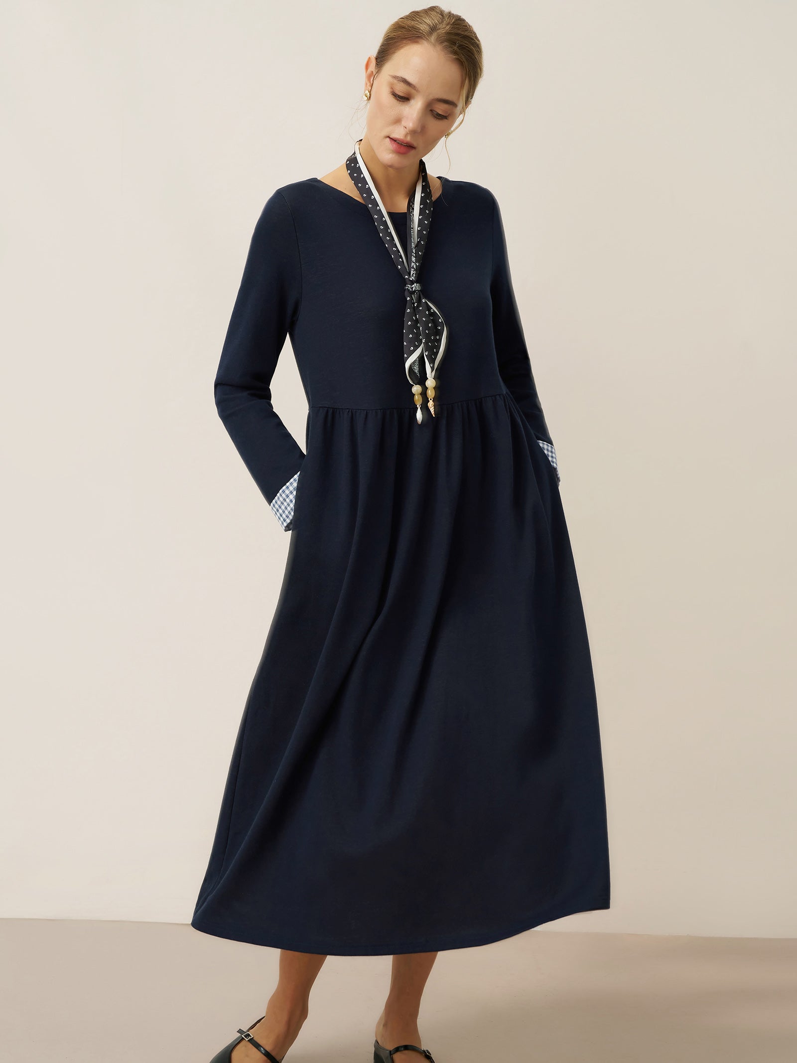 Cotton Patchwork Cuff Crew Neck Casual Maxi Dress SCARLETT