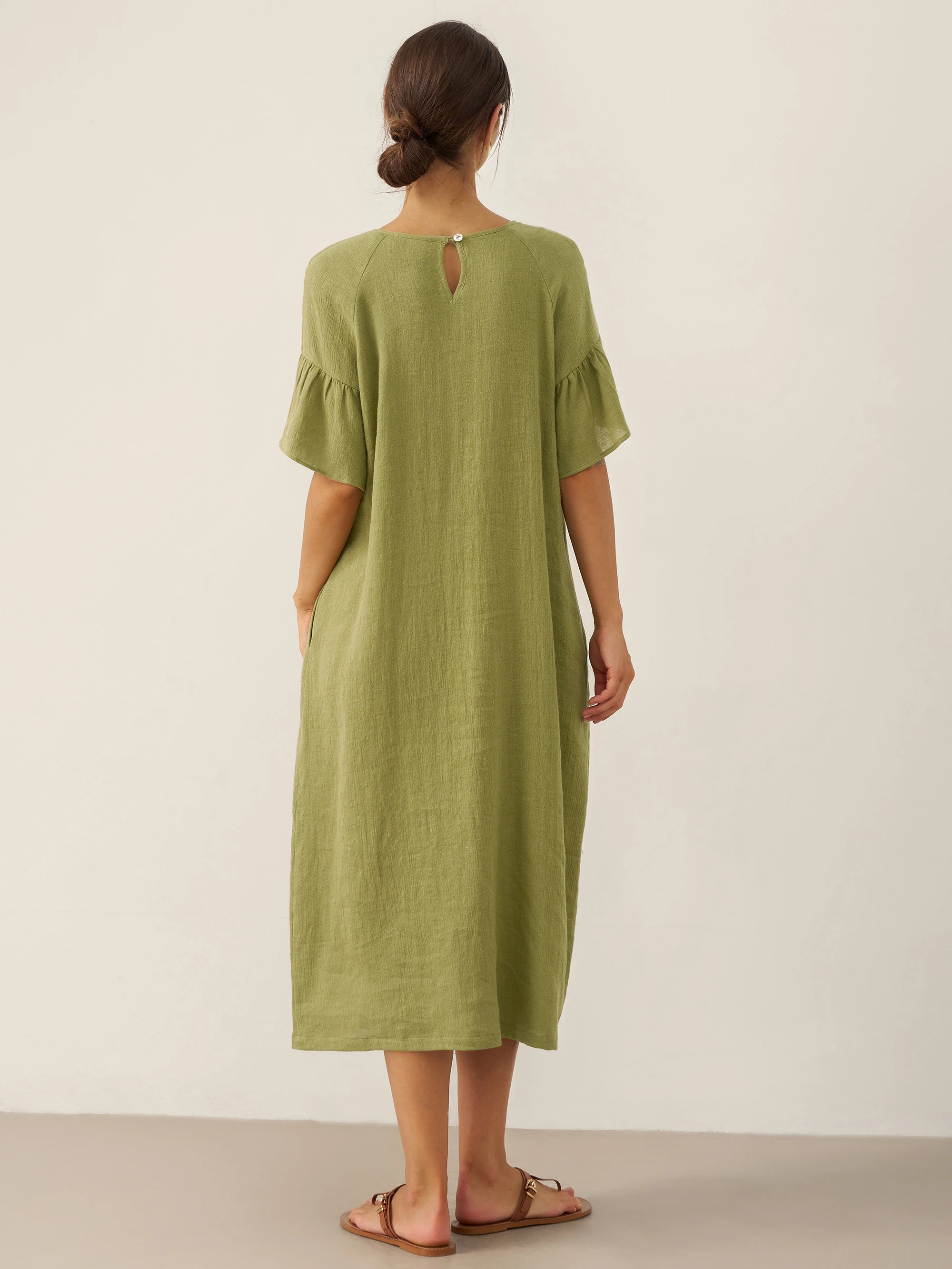 Linen Round Neck Flutter Sleeve Maxi Dress WINNIE