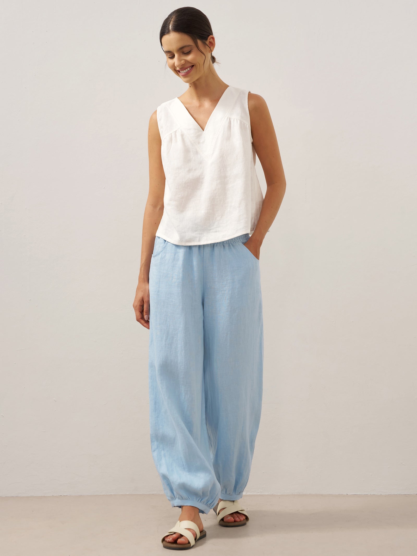 100% Linen Broad Elastic Waistband Pants TALIA