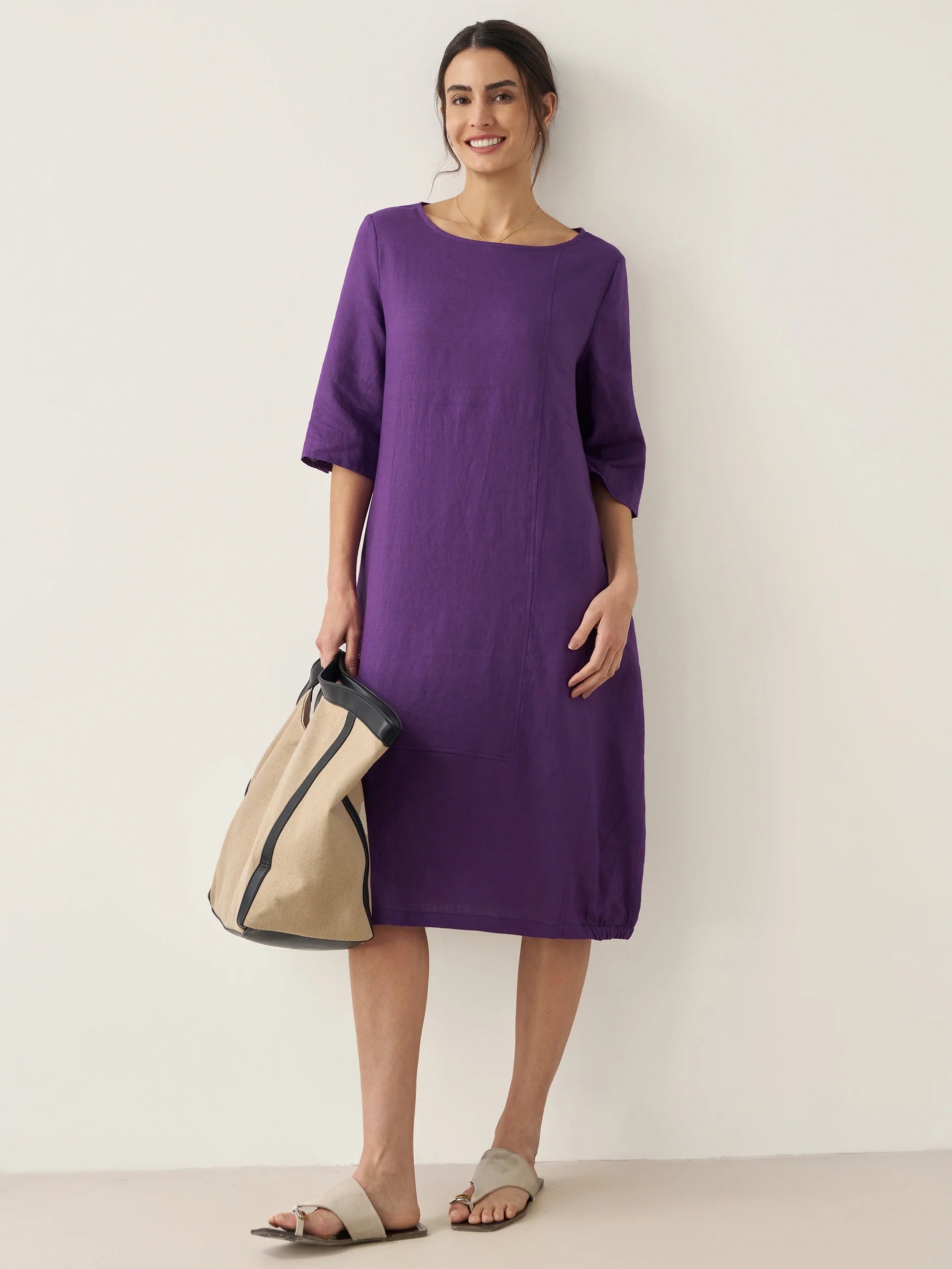 100% Linen Collarless Mid-Length Dress