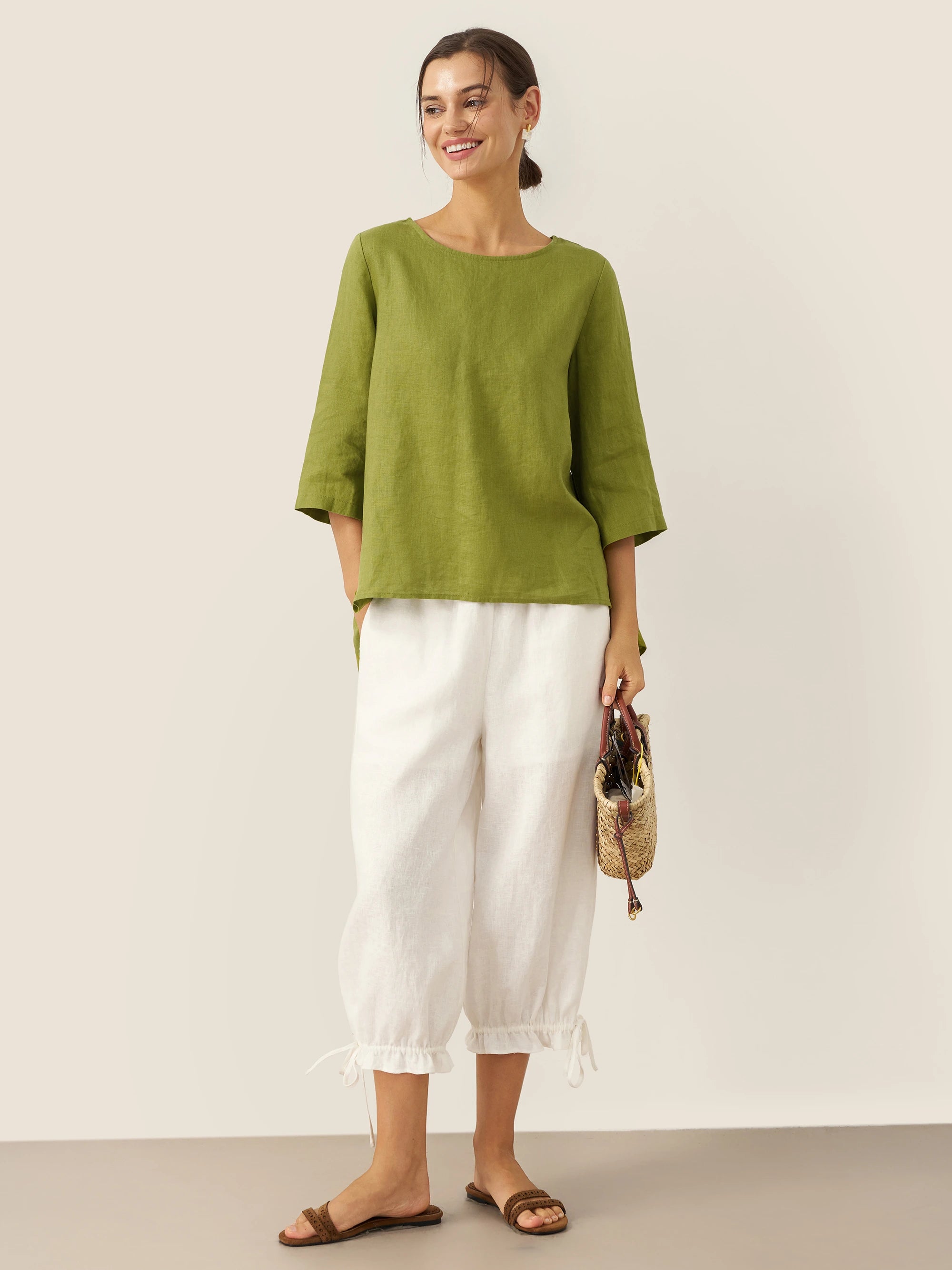 100% Linen Elastic Waist Ruffled Cuff Pants RUBY