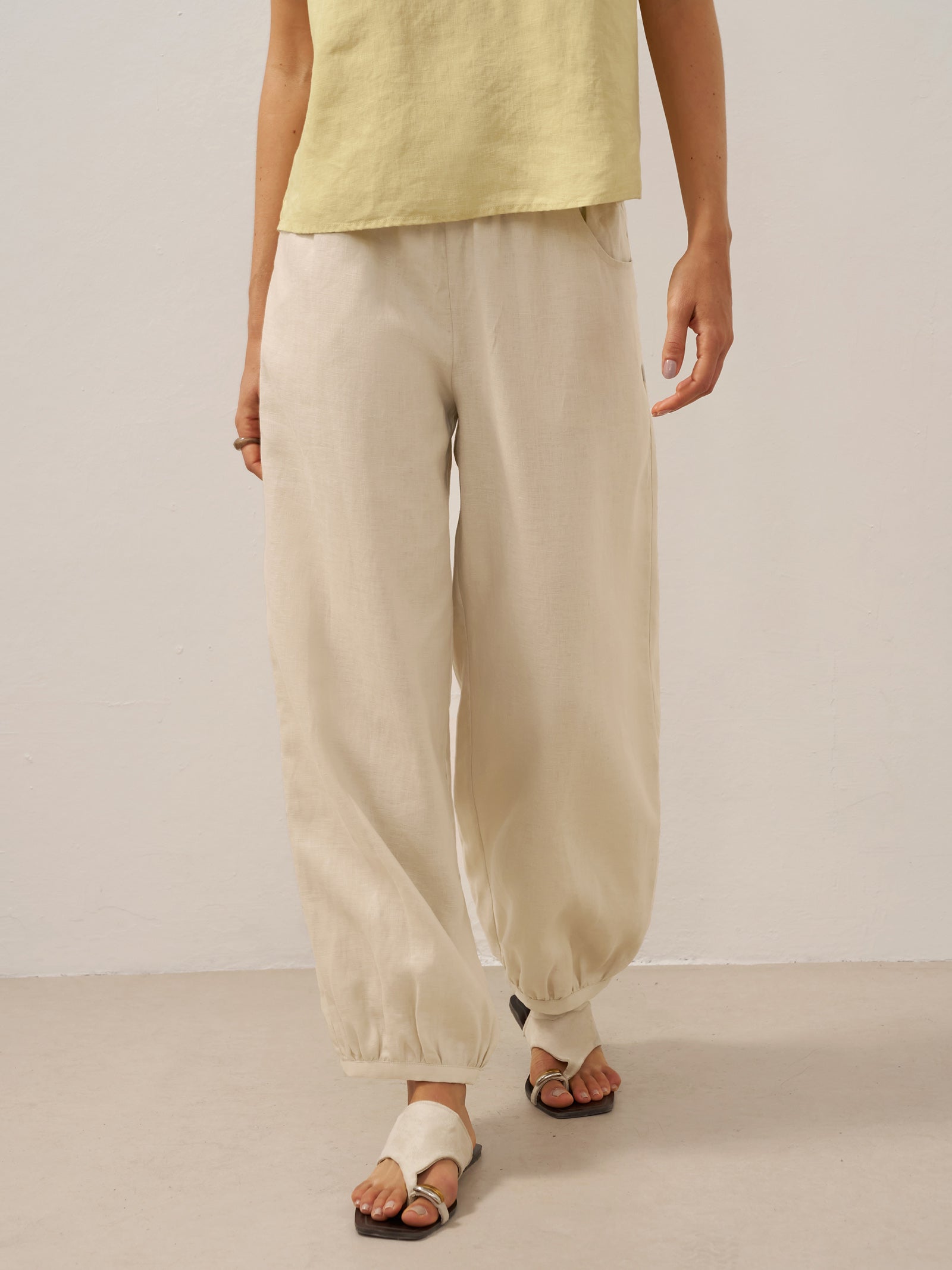 100% Linen Broad Elastic Waistband Pants TALIA