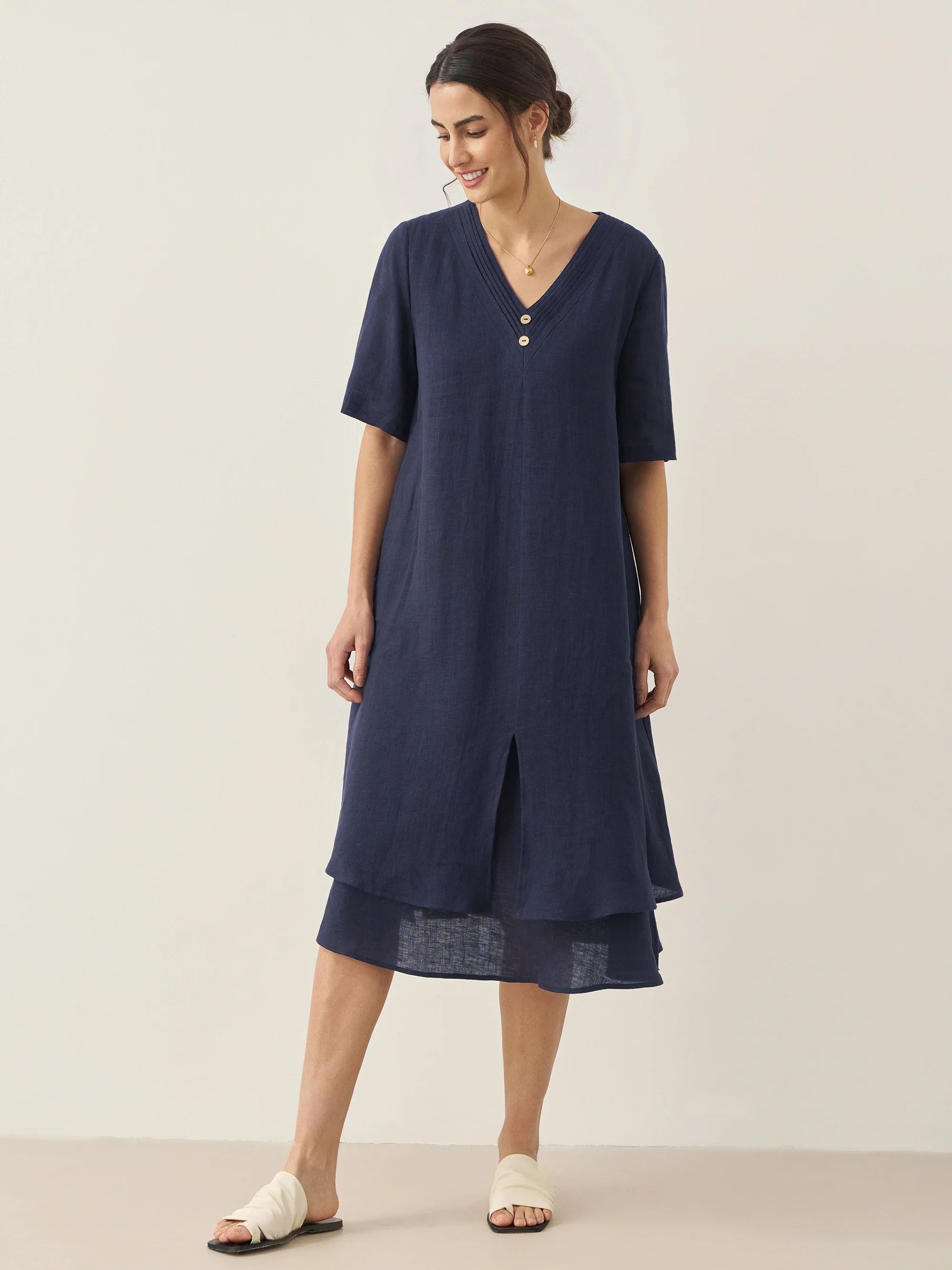 100% Linen V-Neck Double-Layer Midi Dress JAYDA
