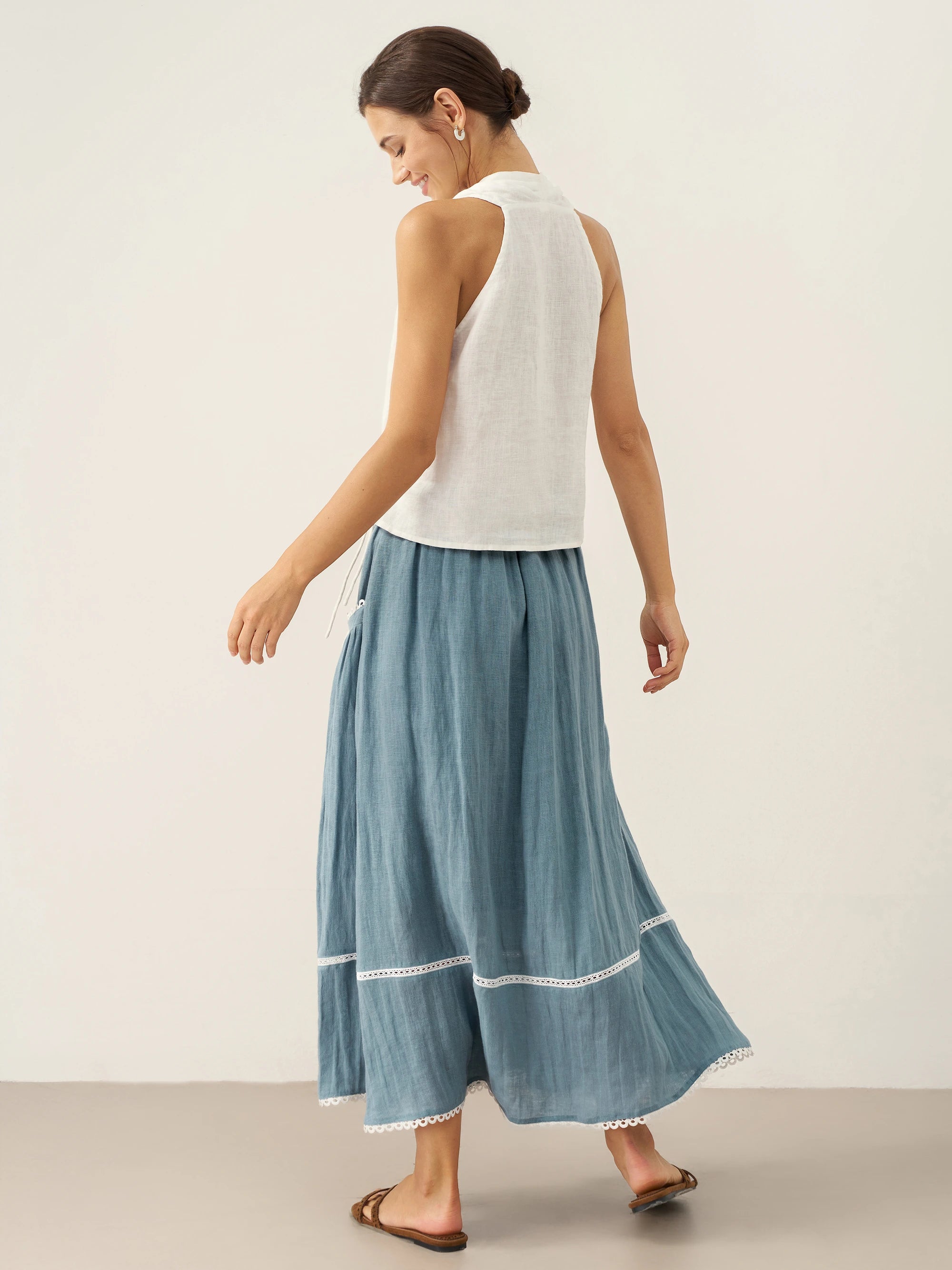 100% Linen Halter Neck Tie-Front Crop Top FAYE