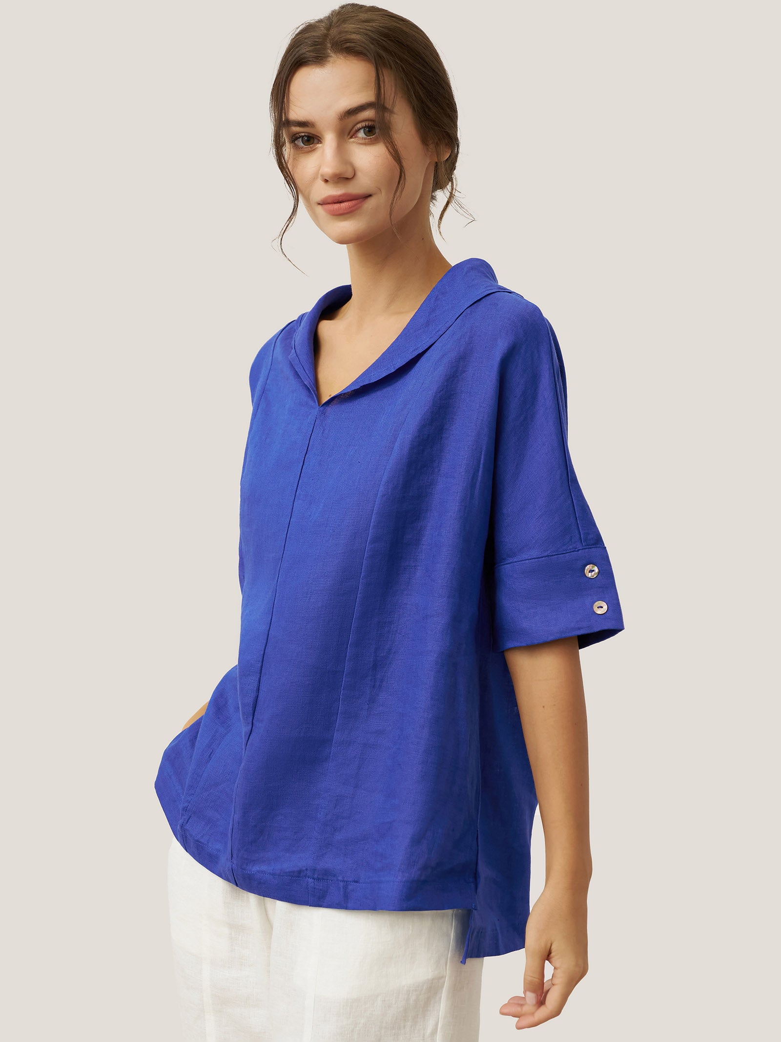 100% Linen V-Neck Short Sleeve Shirt