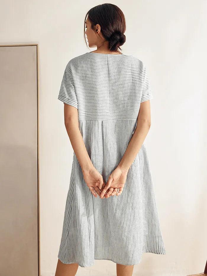 100% Linen Pinstripe Paneled Short-Sleeved Dress MORGAN