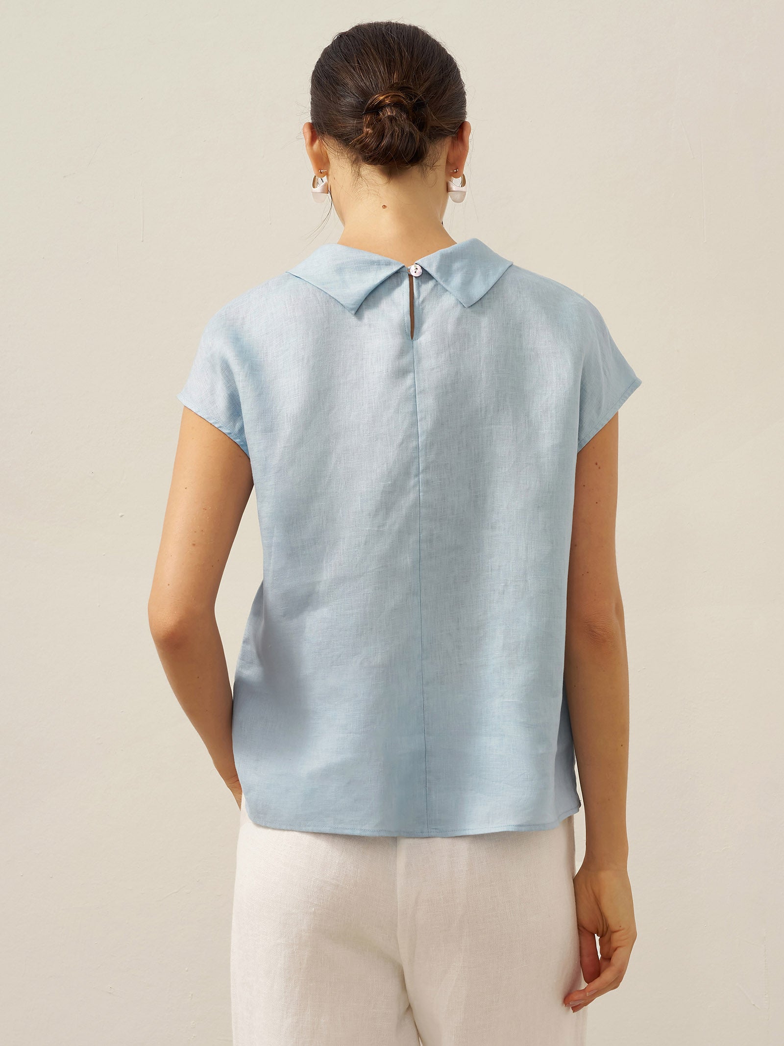 100% Linen Cap Sleeve Soft-Fold Collar Top YVONNE