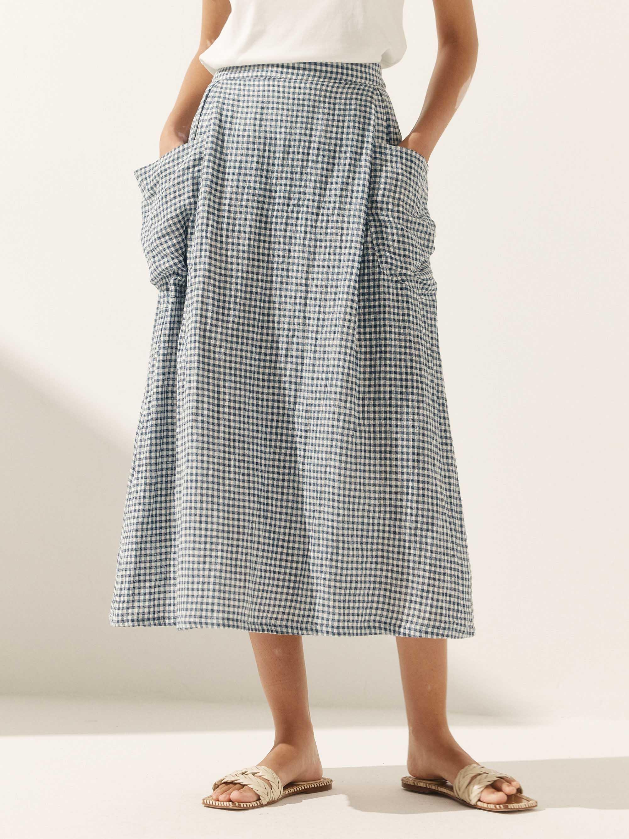 Linen Checked Elastic Waist Skirt ONYX
