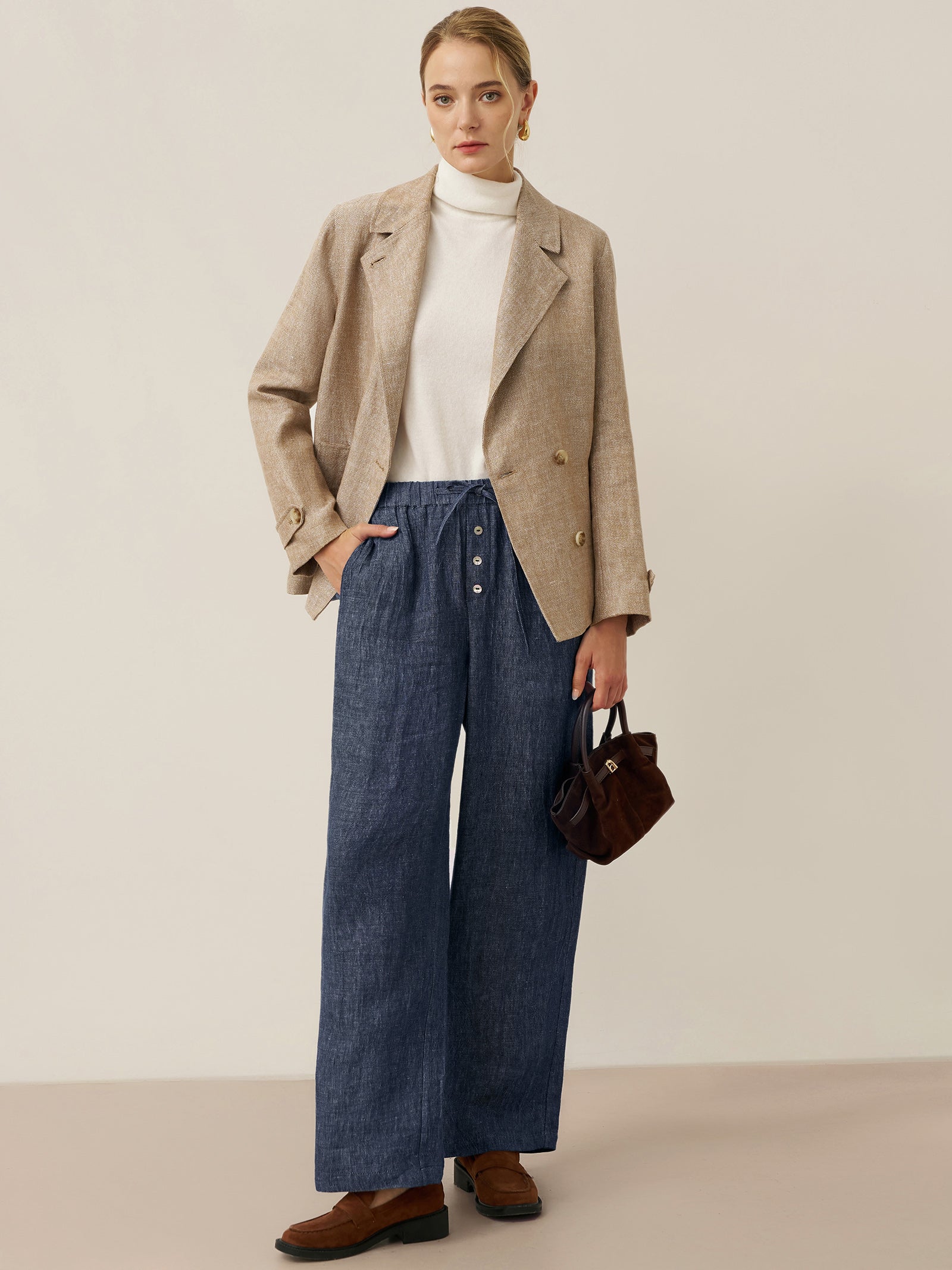 100% Linen Denim Texture Elastic Waist Straight Leg Pants HAZEL