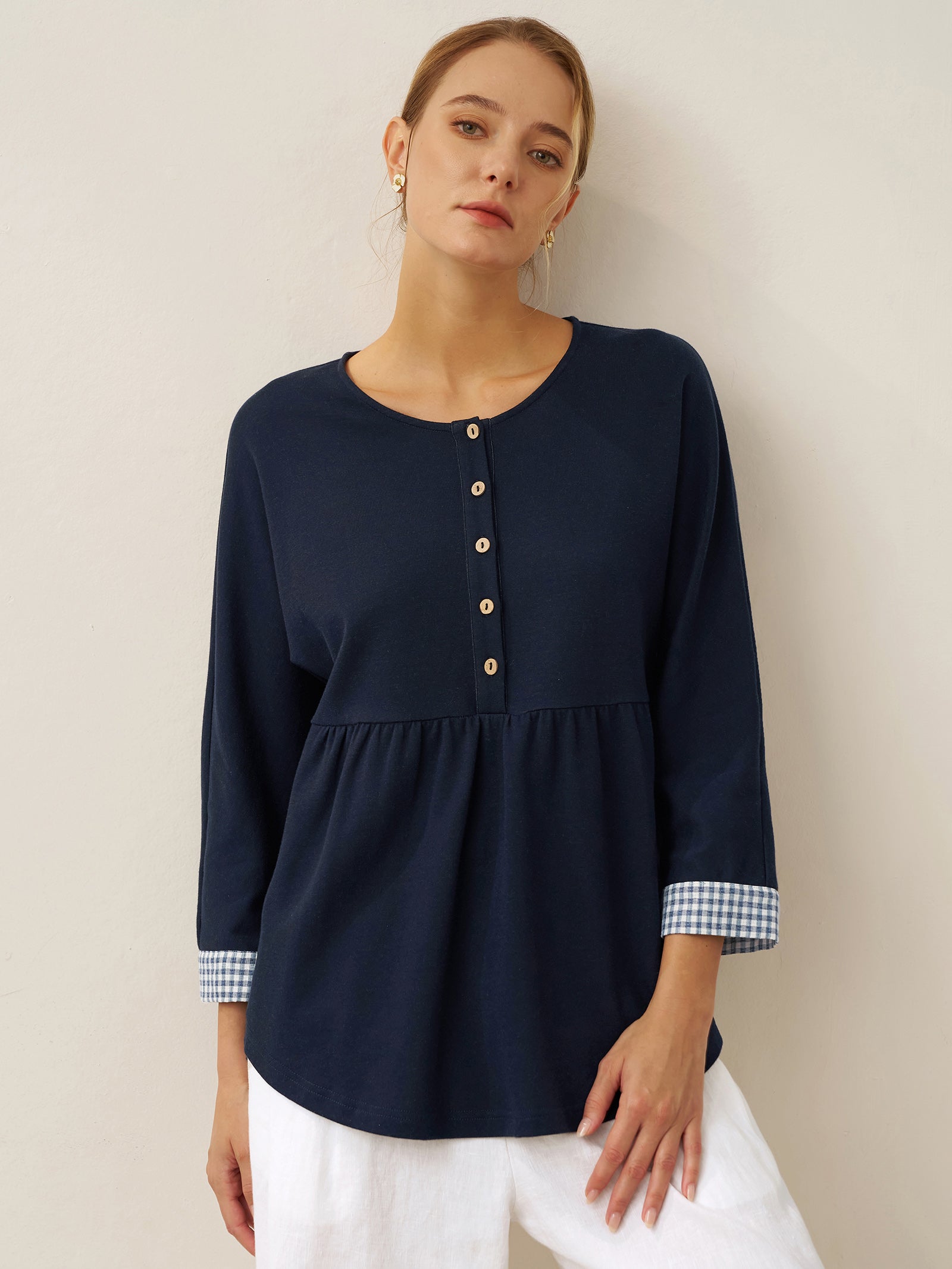 Cotton Patchwork Cuff Button Decor Top AUDREY